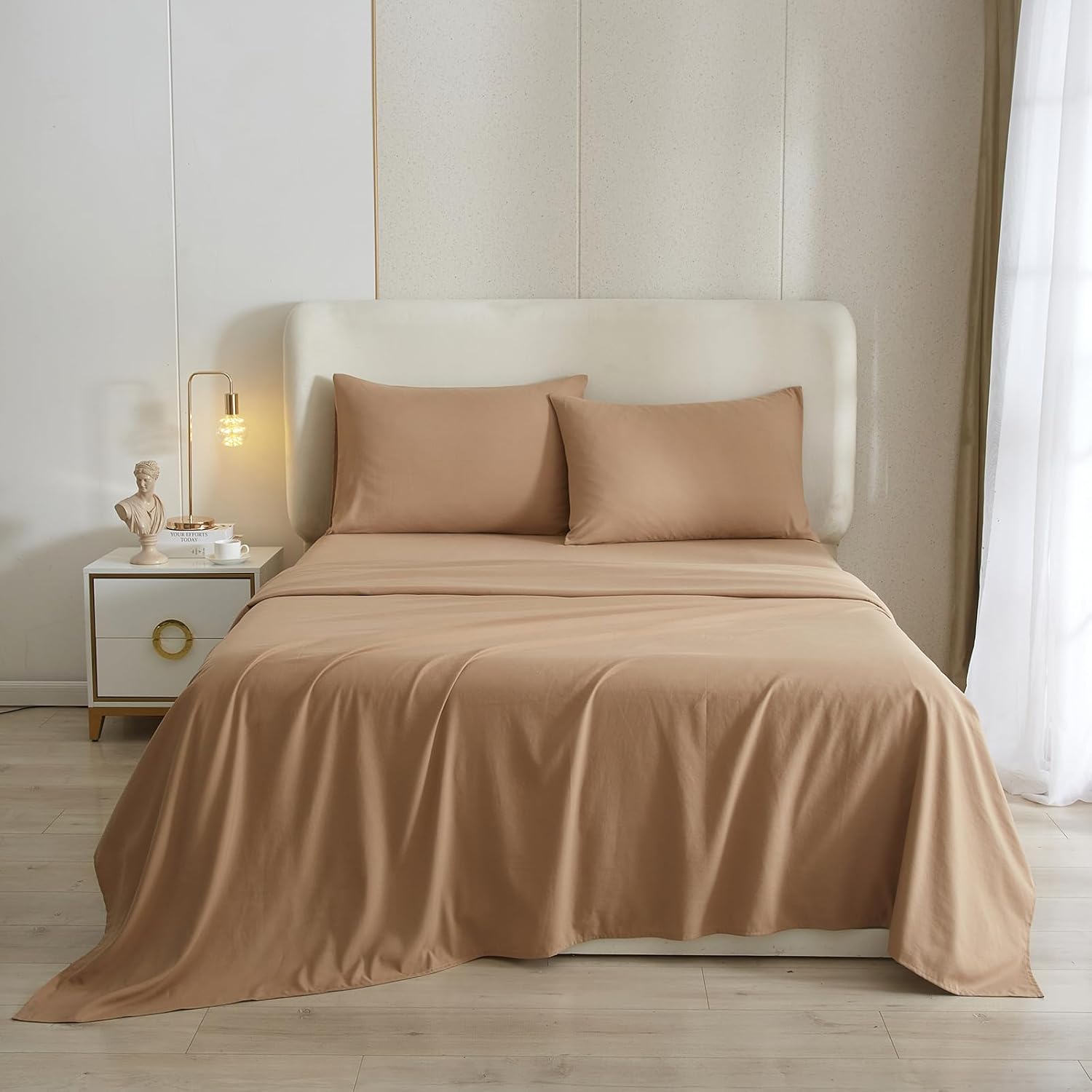 Juego de sábanas de 4 piezas, tamaño Queen, beige camello, refrescantes, sábanas y fundas de almohada, fácil ajuste, gran caída lateral de hasta 16