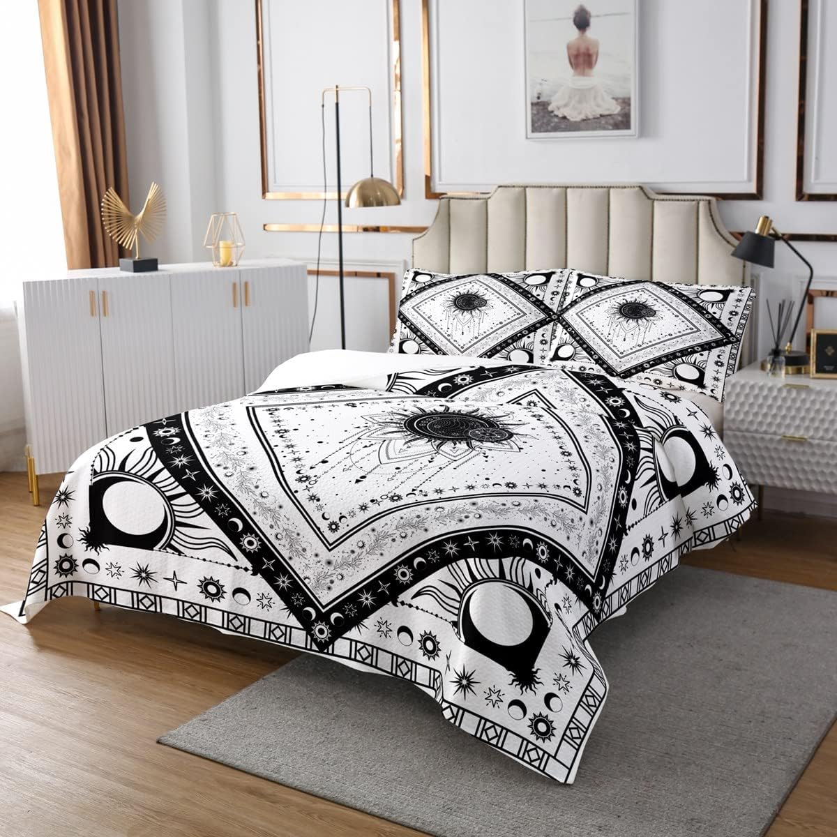 Erosebridal Juego de ropa de cama bohemio con diseño de atrapasueños tamaño Queen, diseño bohemio de tribu con estampado de sol y luna, juego de