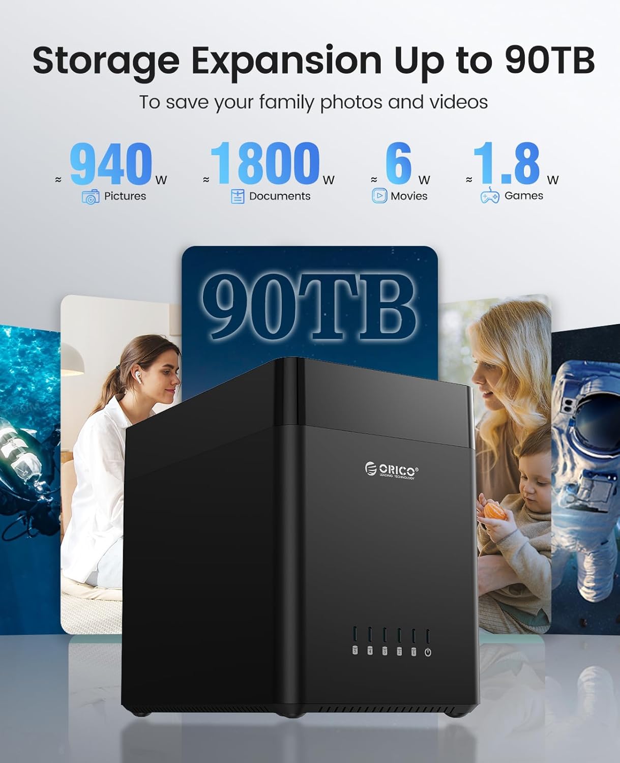 ORICO Caja de disco duro de 5 bahías de 3.5 pulgadas USB C a SATA, caja magnética para disco duro externo sin herramientas con adaptador de