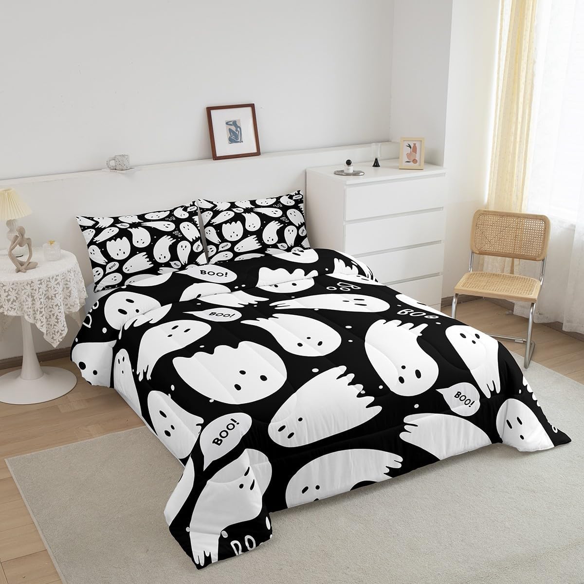 Juego de ropa de cama de Halloween, tamaño matrimonial, juego de edredón de fantasmas de dibujos animados para niños y niñas, lindo edredón kawaii