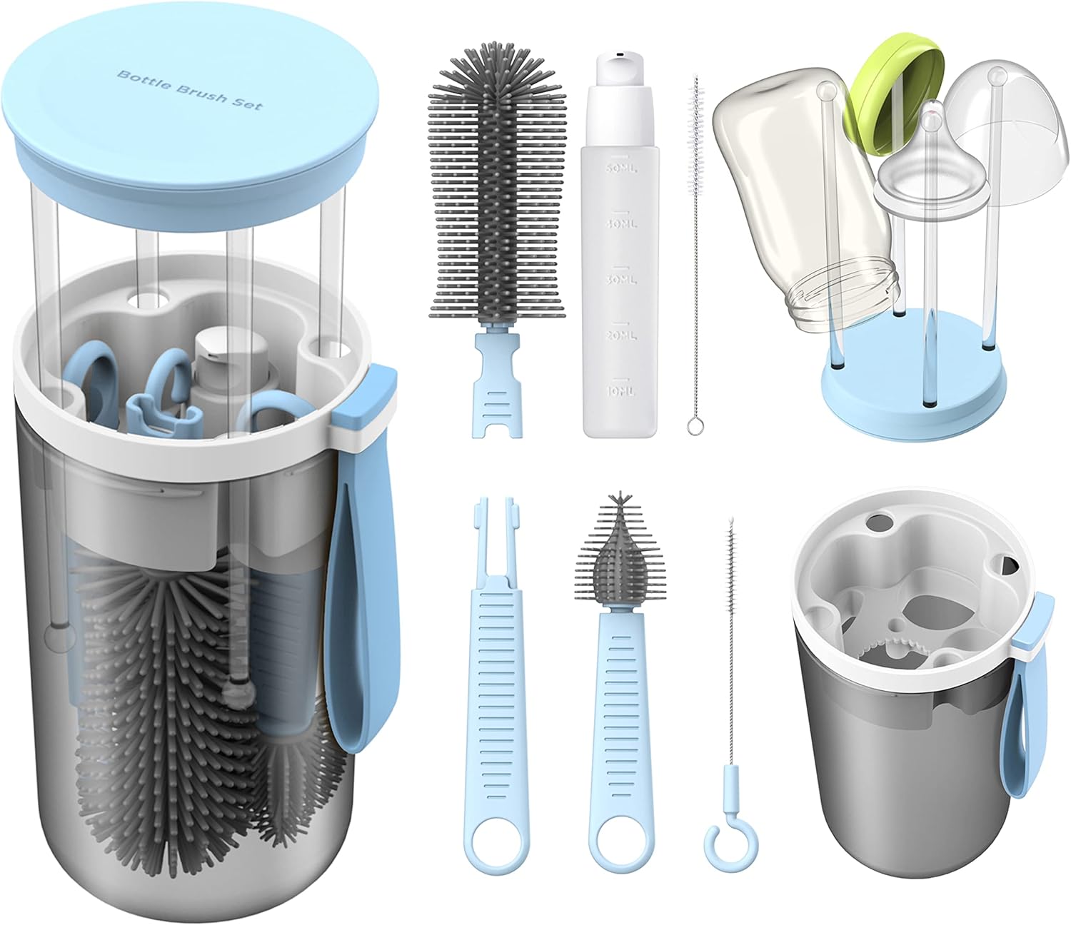 Kit limpiador de biberones esencial de viaje para bebés con cepillo de silicona para botellas, estante de secado a presión integrado, cepillo de