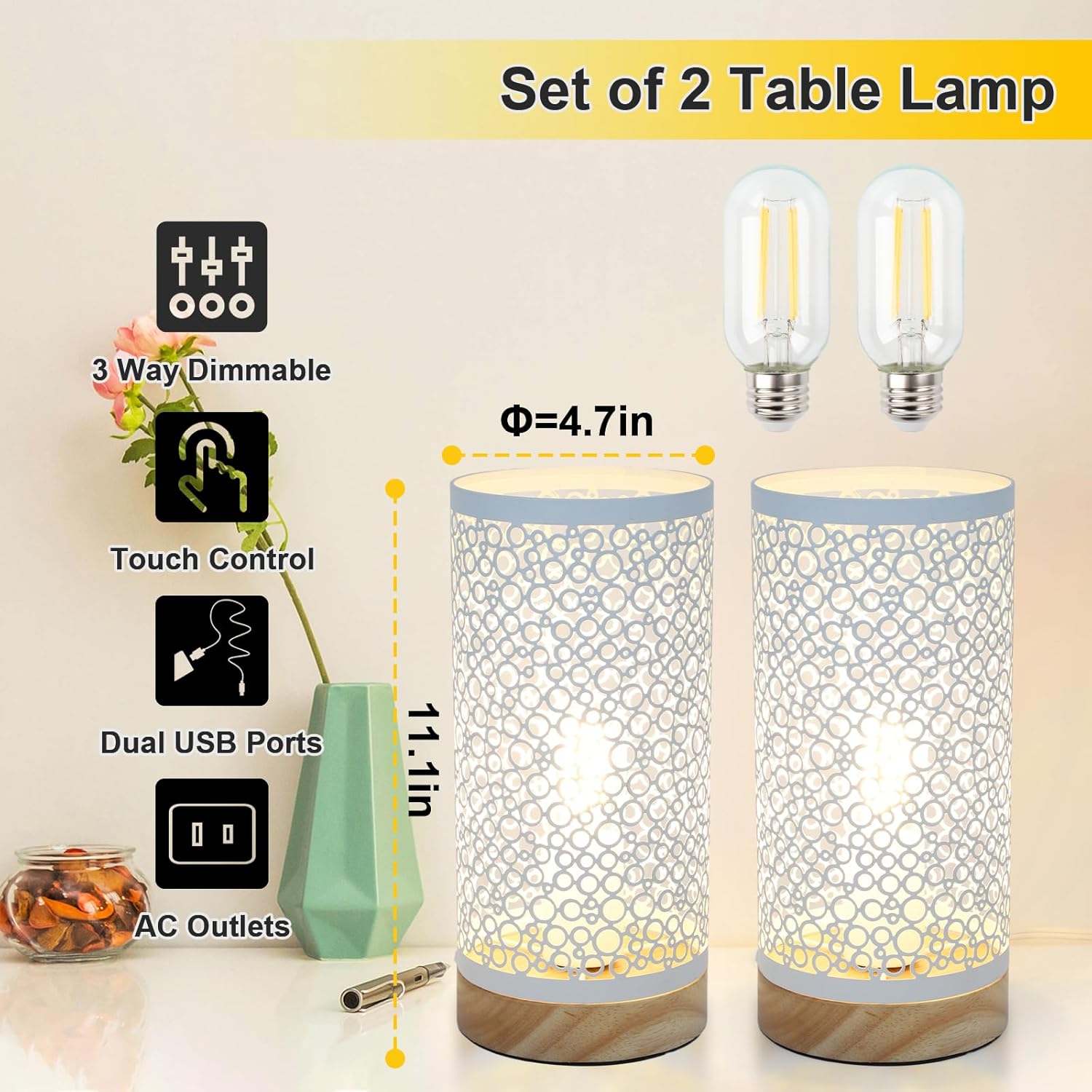Juego de 2 lámparas de mesa con control táctil, lámparas de mesita de noche regulables con puerto USB y salidas de CA, lámparas industriales de
