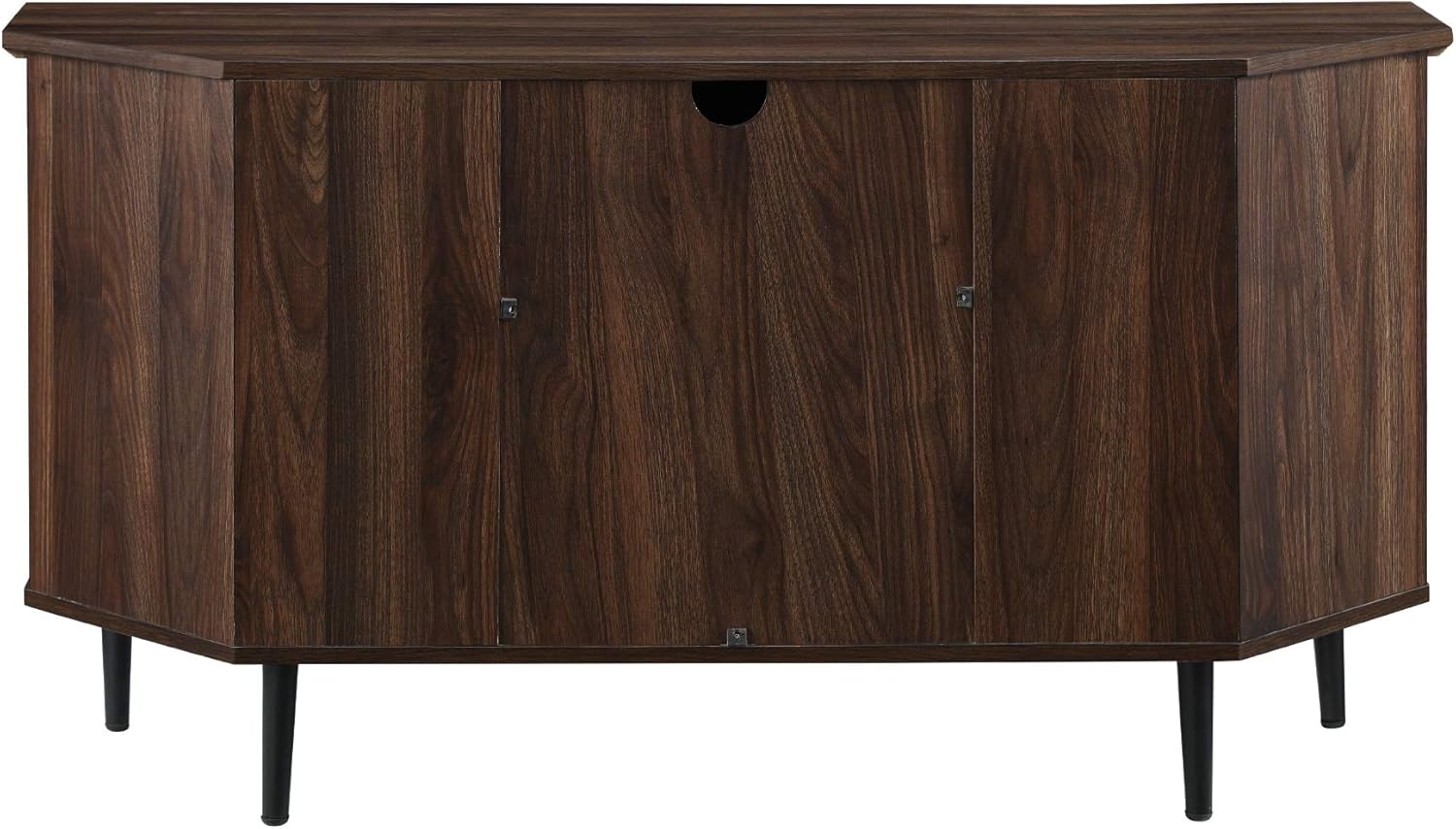 Walker Edison Moderno soporte universal de esquina de madera para TV con estantes abiertos, puertas de gabinete de vidrio, almacenamiento para