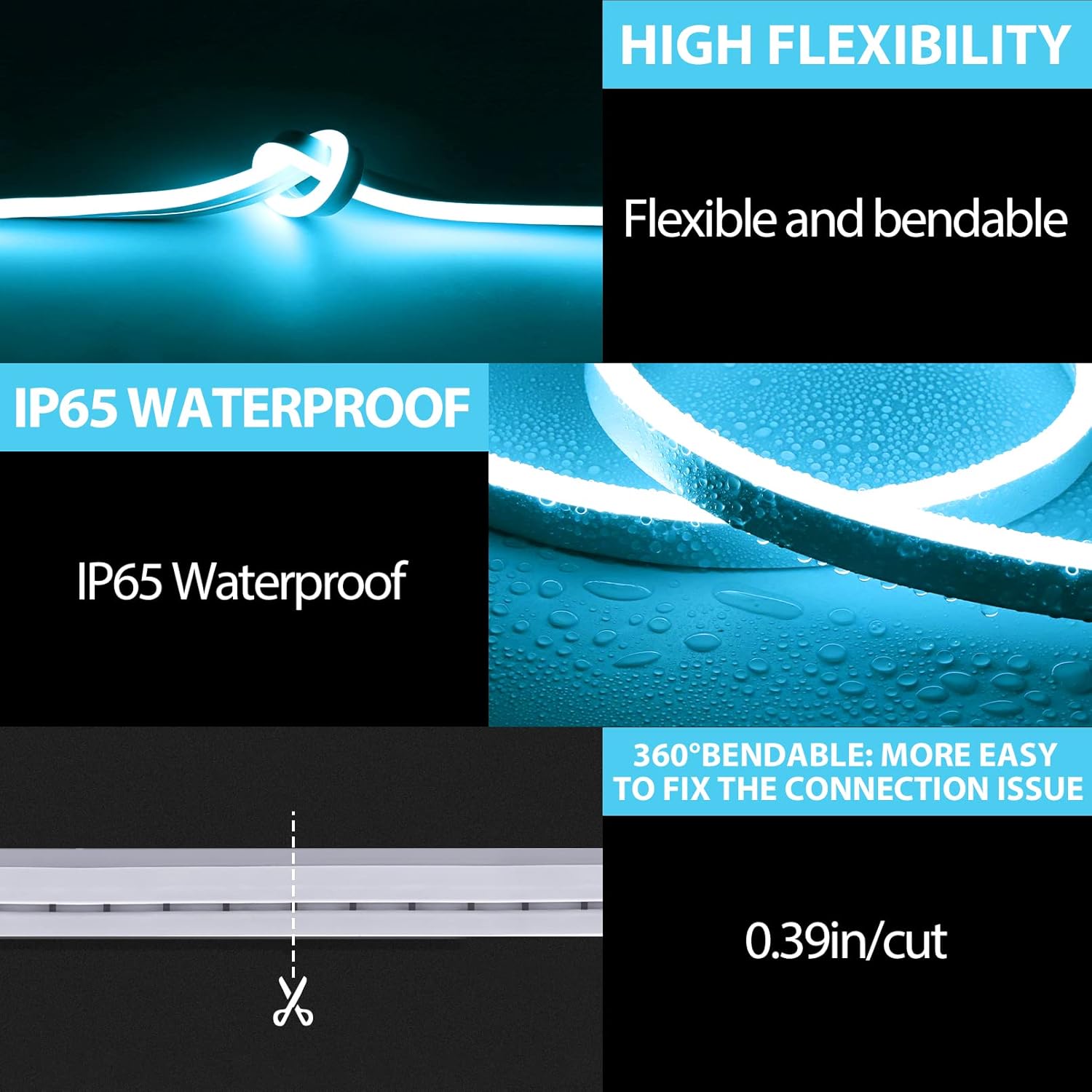 Lamomo Tira de luz LED de neón, tira de luces regulables azul hielo, tira de luz LED de 16.4 pies, tira de luz LED flexible de 0.315 in x 0.630 in,