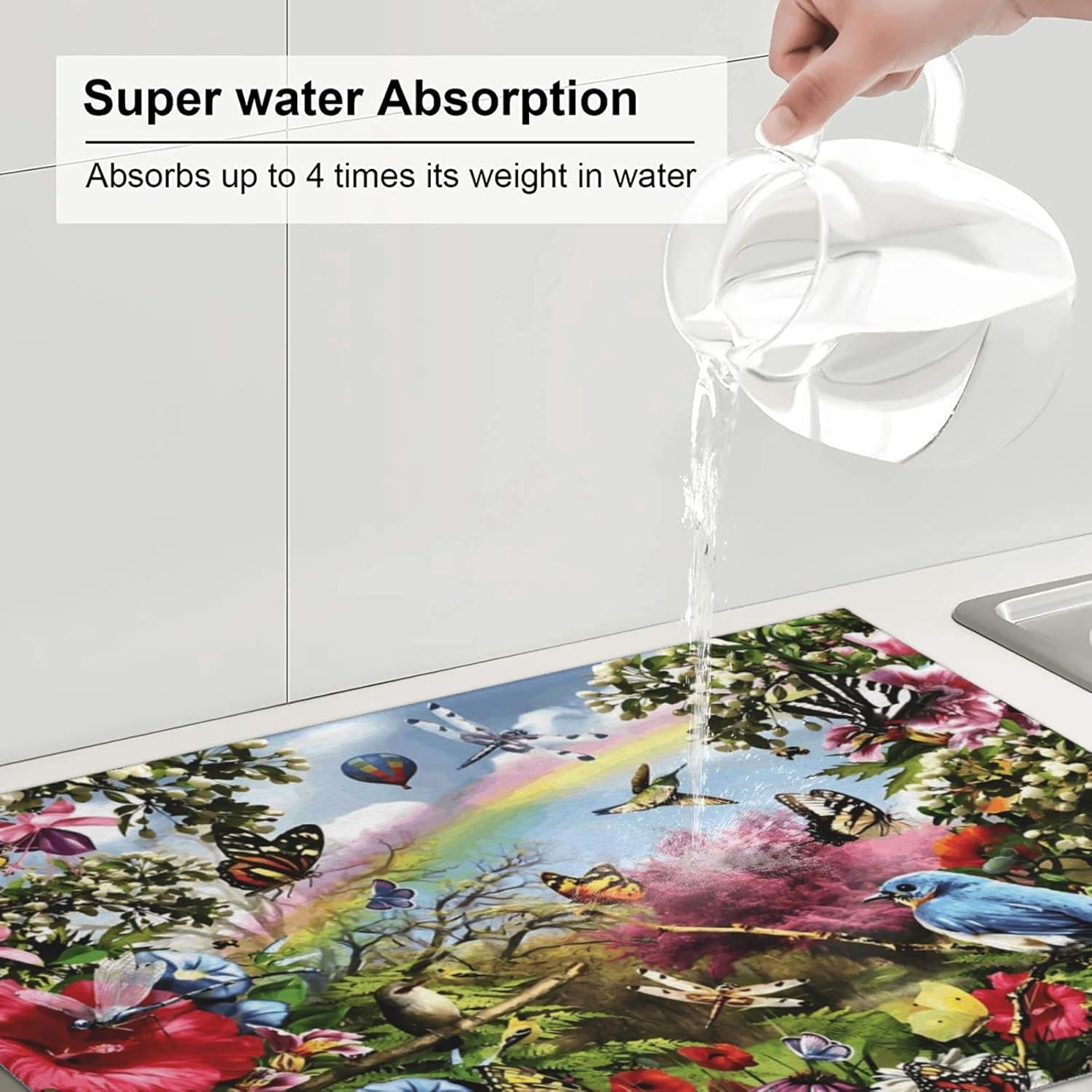 Tapete de secado de platos con diseño de flores de pájaro para encimera de cocina, extra grande, absorbente, microfibra de secado rápido, accesorios