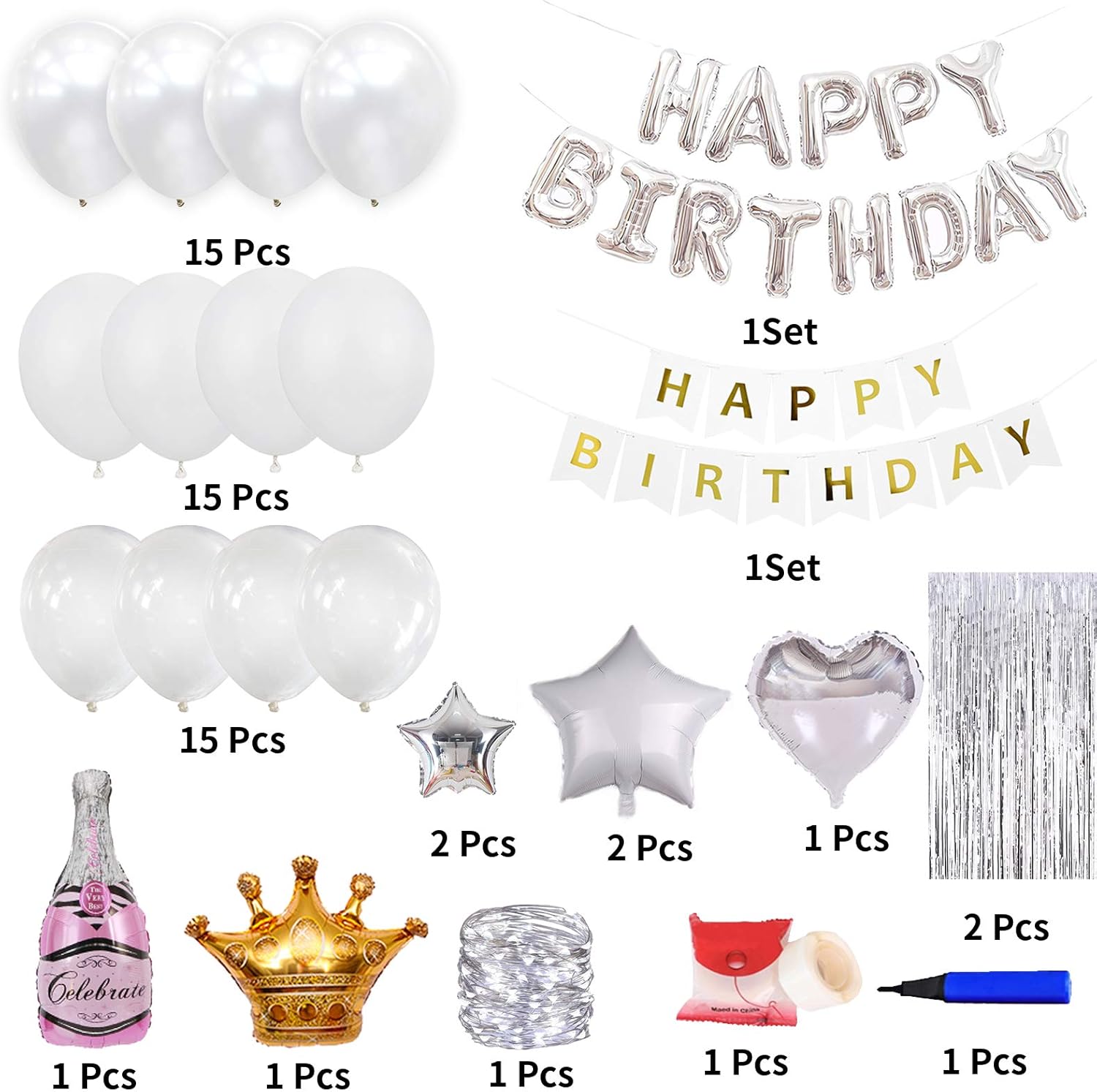 GoGoGoodie Decoraciones de fiesta de cumpleaños de color plateado y blanco para mujeres, kit de decoración de fiesta favorito de niñas adultas,