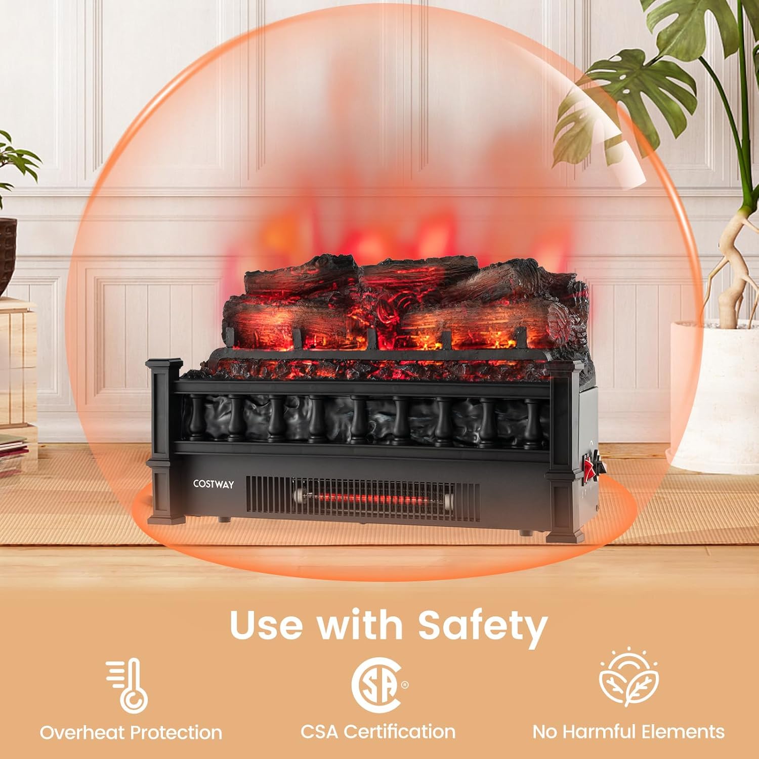 ORALNER Juego de troncos de chimenea eléctrica de 20 pulgadas, calentador de leña de cuarzo infrarrojo para chimeneas existentes, troncos de madera