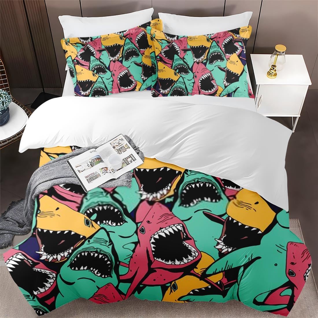 Juego de funda de edredón, juego de ropa de cama con diseño de tiburón, animales marinos, océano, para niños y adultos, decoración de dormitorio,