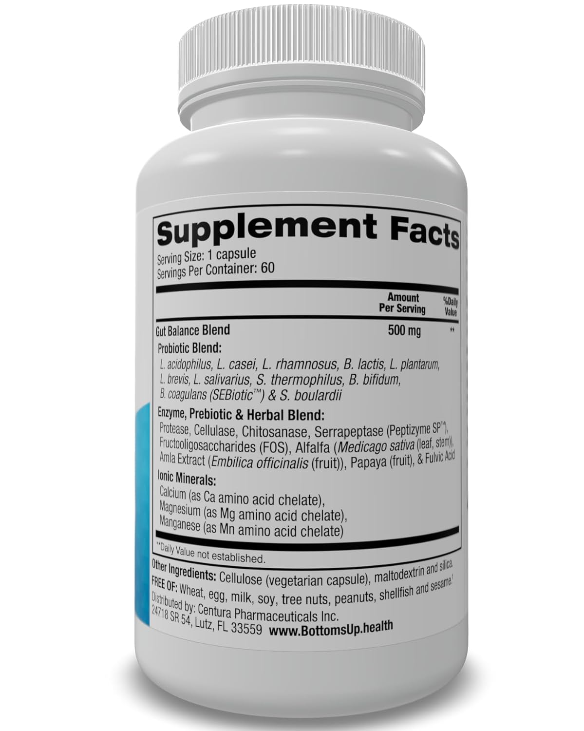BOTTOMS UP HEALTH Suplemento de equilibrio intestinal mezcla de probióticos y prebióticos con enzimas y minerales – 60 cápsulas vegetales para apoyo