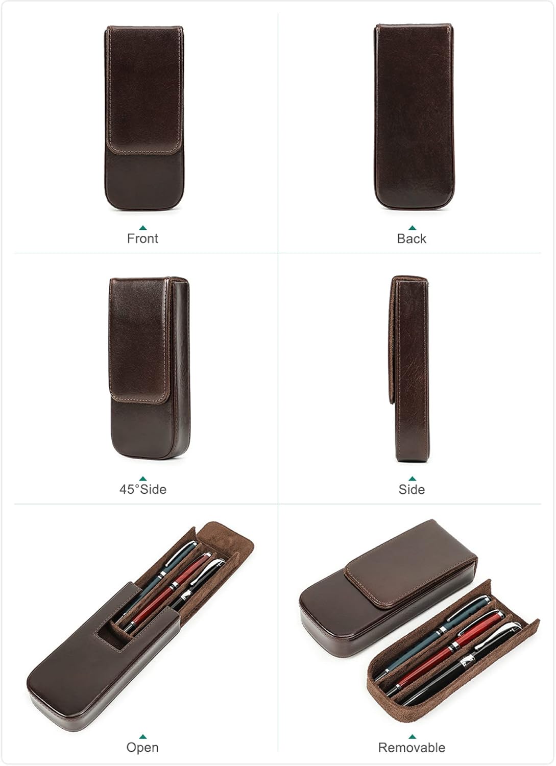 Estuche de cuero genuino de grano superior para 3 bolígrafoslápices, diseño minimalista de moda, hecho a mano, cierre magnético con diseño de cajón,