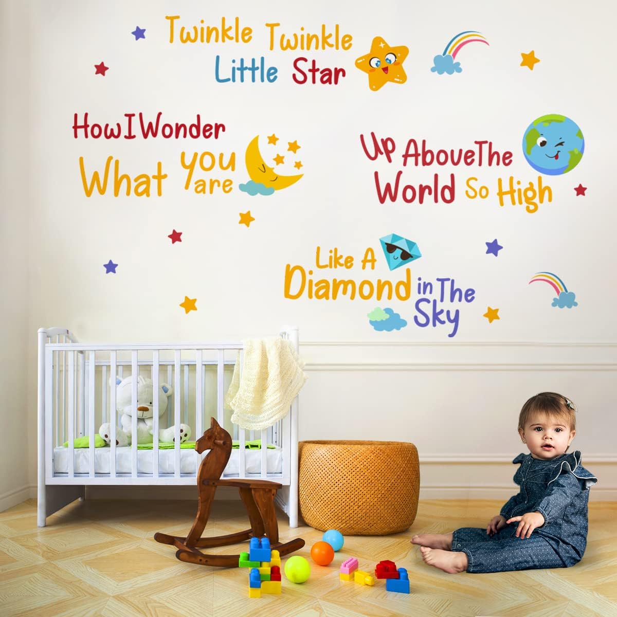 DEKOSH Juego de calcomanías de pared para habitación de bebé con centelleante y centelleante Little Star Rhyme, calcomanías de pared para niños para
