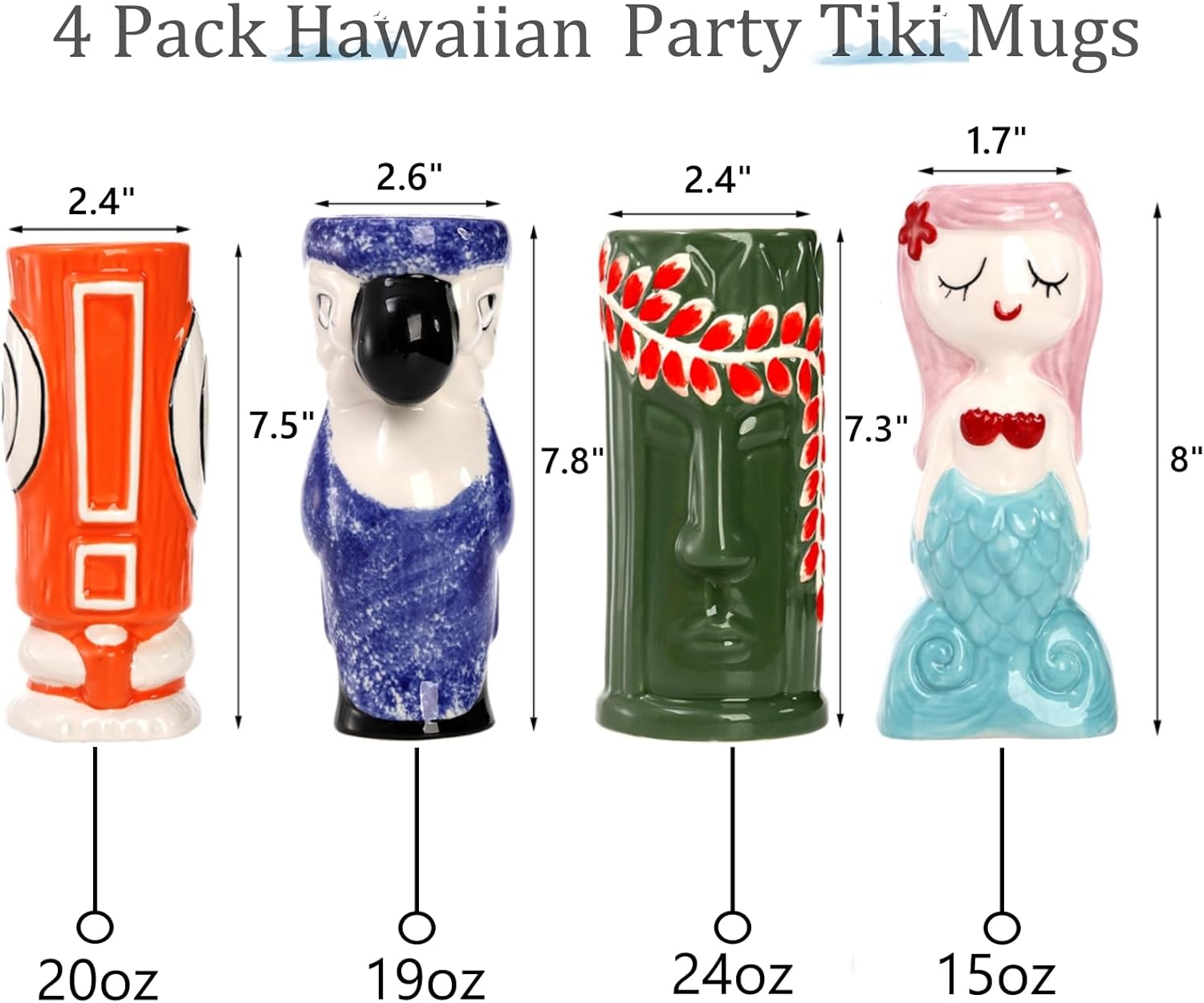 Peohud Paquete de 4 tazas Tiki de cerámica, vasos exóticos Tiki para cócteles, tazas de fiesta hawaianas, vasos tropicales Tiki para Mai Tai, piña