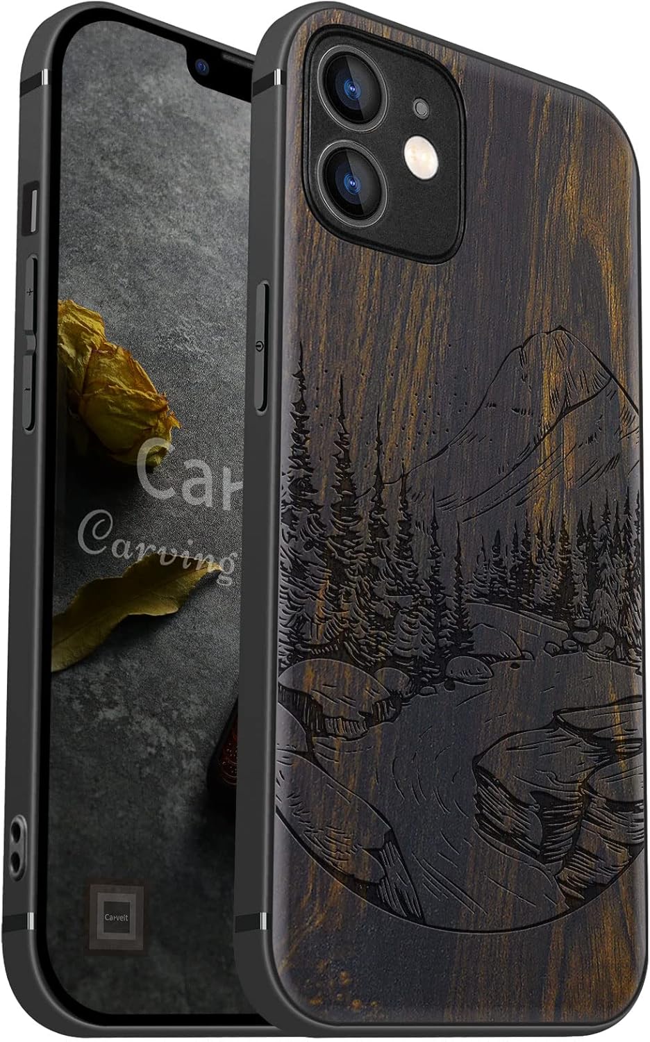 Carveit Funda magnética de madera para iPhone 12 madera natural y TPU suave negro a prueba de golpes, funda de madera única compatible con magsafe