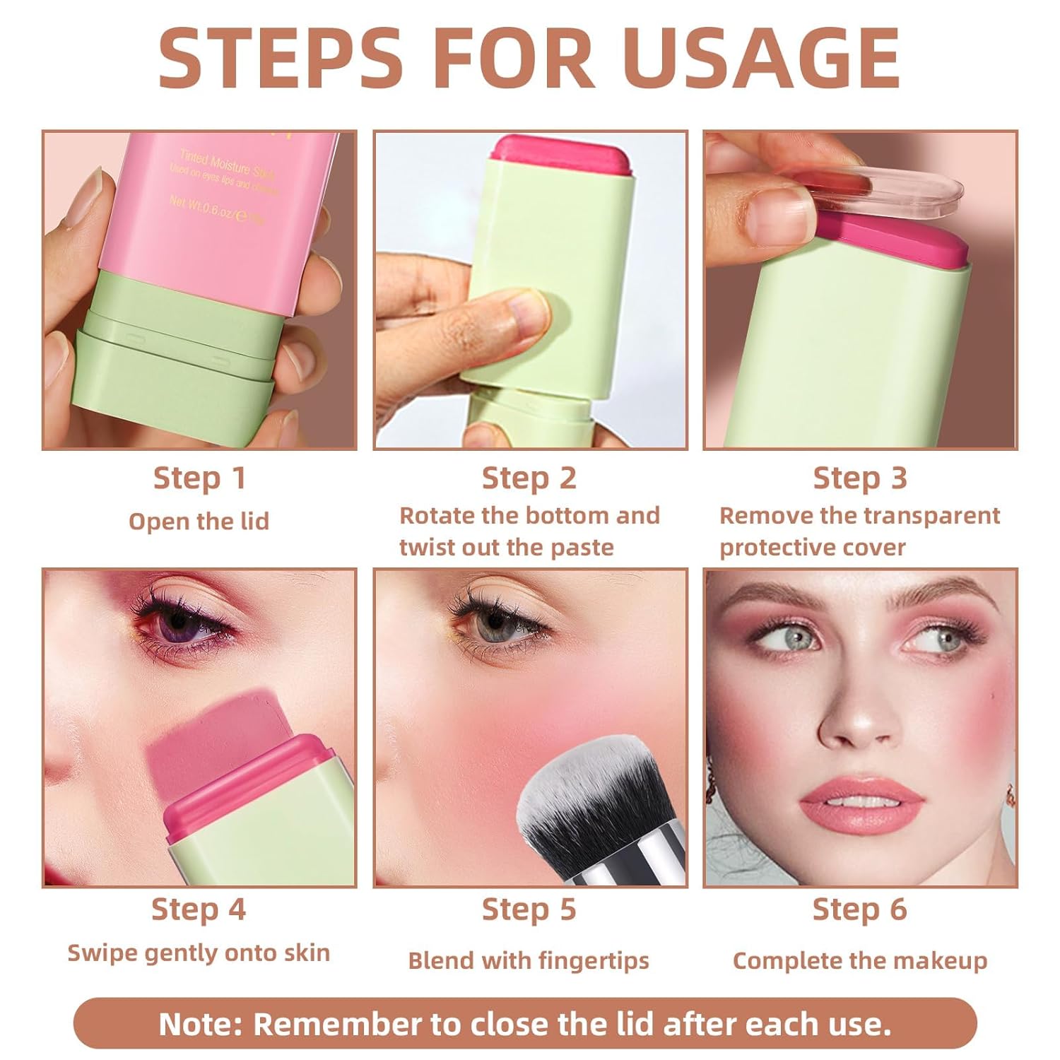 HOSAILY Rubor en barra en crema para mejillas, colorete multiusos para ojos, labios y cara, hidratante sólido tintado para viajes, rubor mate,