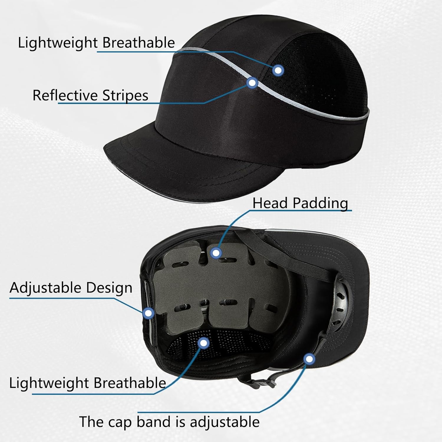 Lightweight Safety Bump Cap Safety Hard Hat Head Protection Cap Breathable Baseball Hat Comfortable Hard Cap with Reflective Stripe