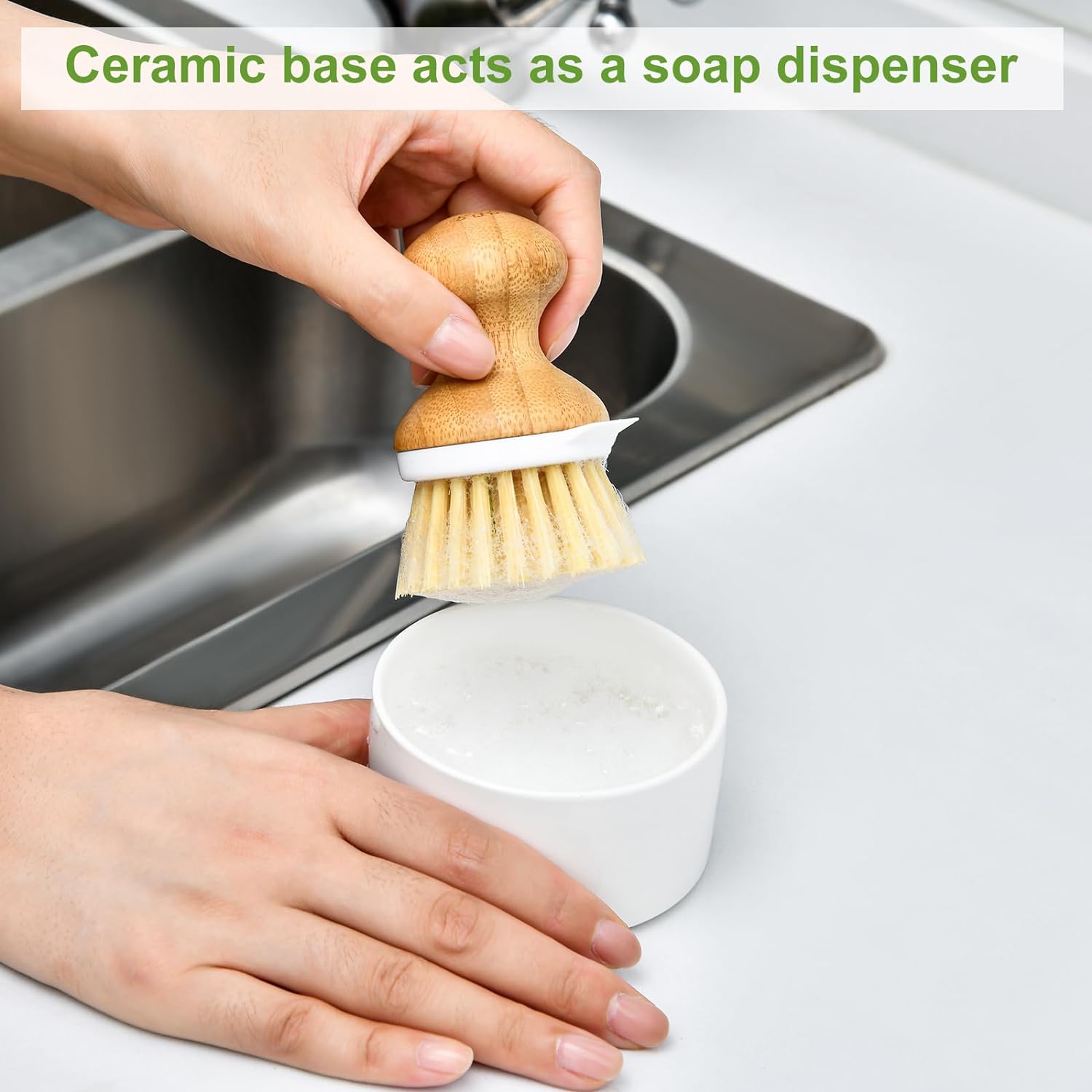 SUBEKYU Cepillo de bambú para platos, cepillo para limpiar platos de cocina con dispensador de jabón, cepillo de madera natural para lavar platos,