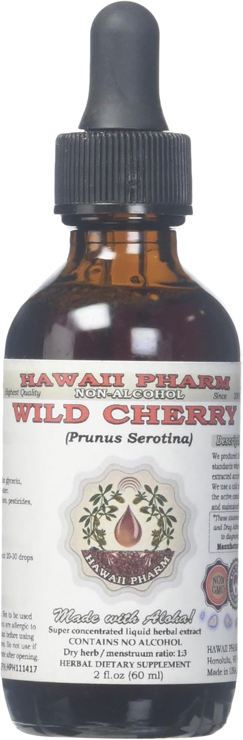 HawaiiPharm Extracto líquido de cereza silvestre sin alcohol, cereza silvestre orgánica (Prunus Serotina), glicerita de corteza seca, 2 onzas