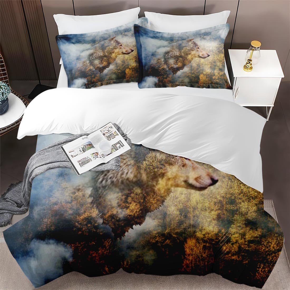 Juego de funda de edredón, juego de ropa de cama dorado con diseño de lobo y animales de otoño para niños y adultos, decoración de dormitorio de