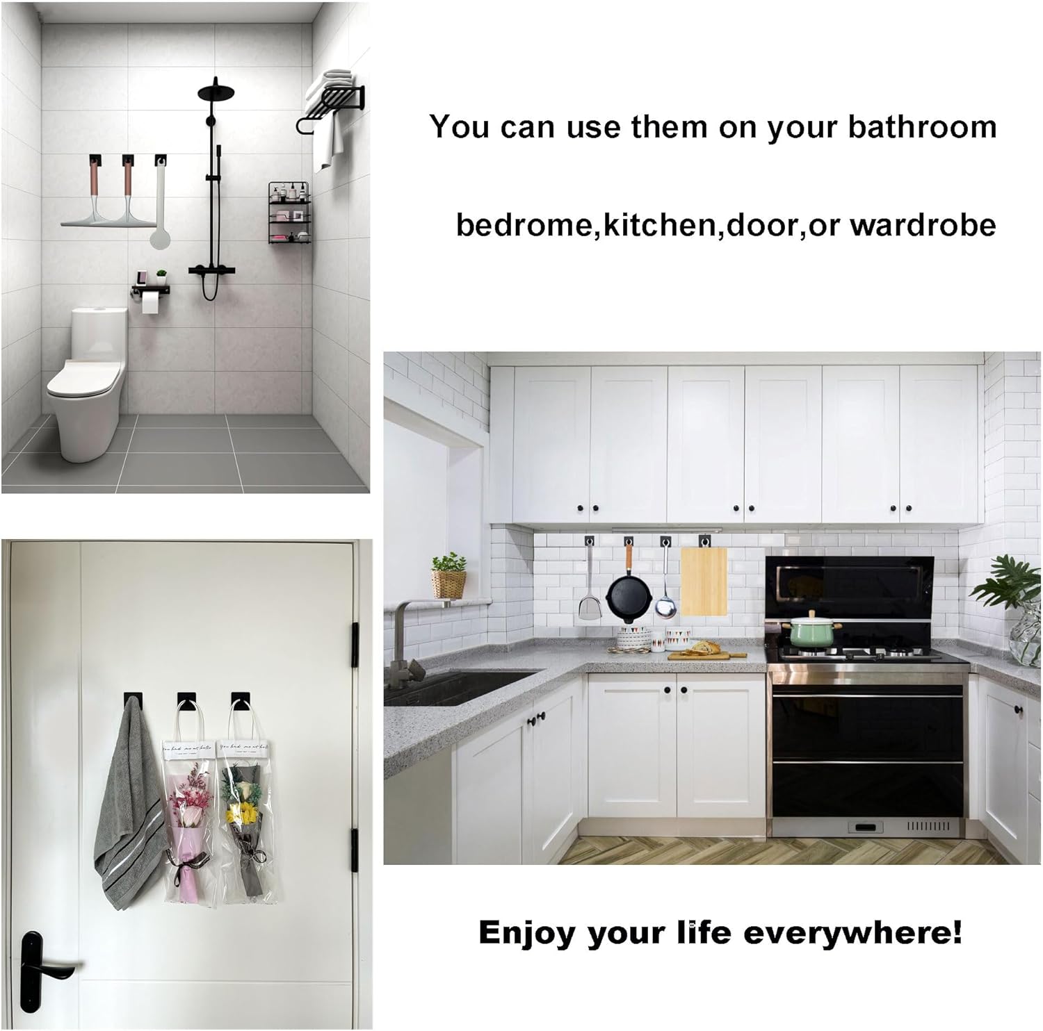 OUSUNERY Ganchos para toallas para baño montados en la pared, paquete de 6 ganchos adhesivos para colgar toallas de baño, soporte negro mate para