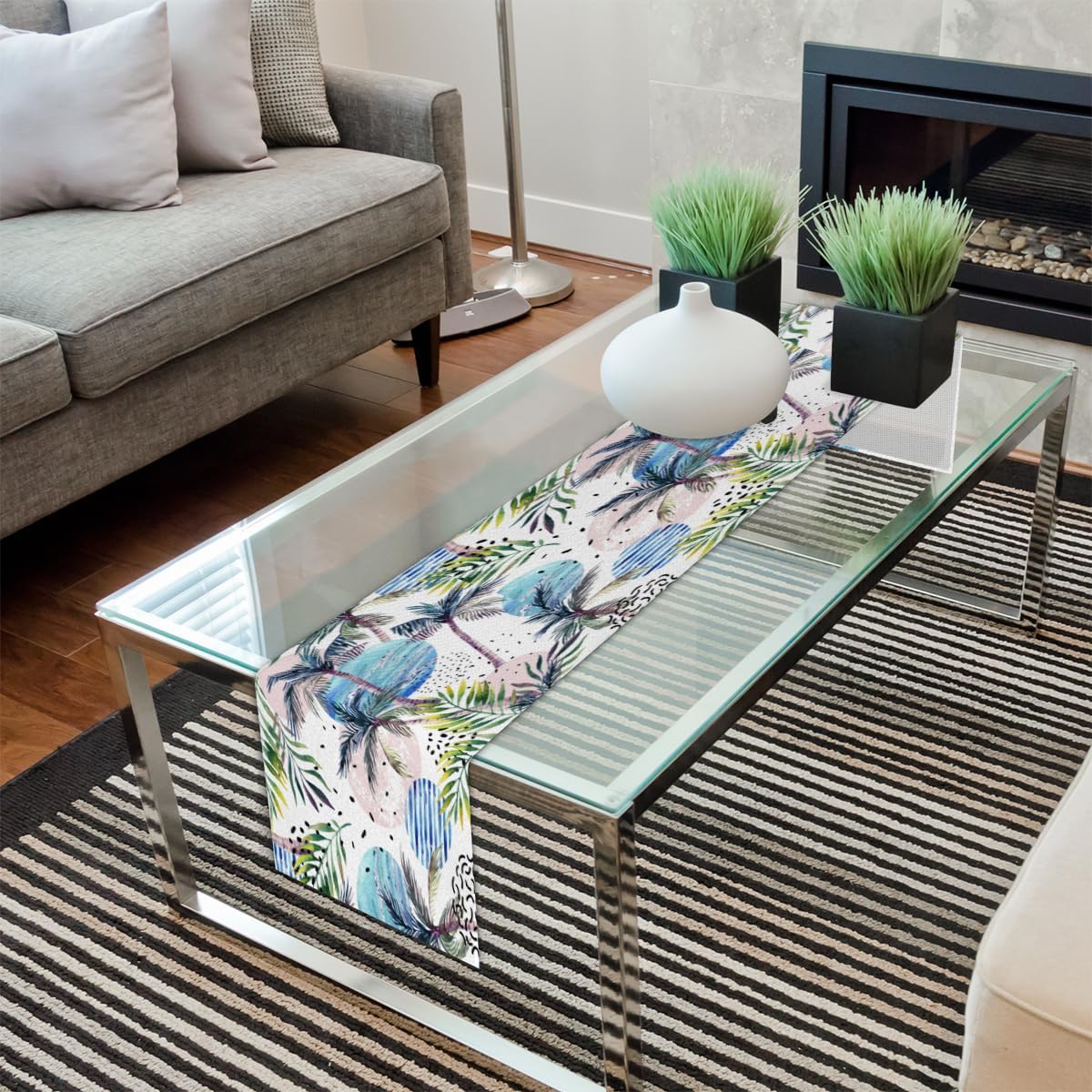 Table Runner Watercolor Beach Coconut Tree, Rustic Linen Table Cloth for Farmhouse Kitchen, Dinner, Events, Party, Holiday Table Decor 13 x 60 Inches