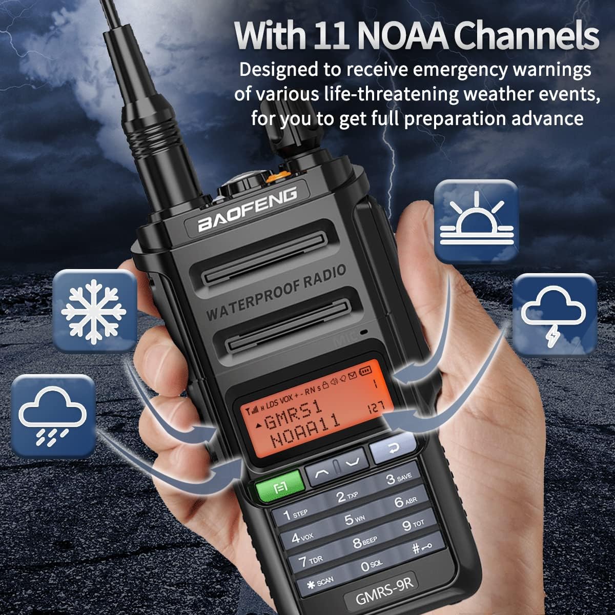 BAOFENG GMRS Radio impermeable, radios bidireccionales GMRS-9R, radio de mano de largo alcance recargable, escáner NOAA de doble banda, compatible