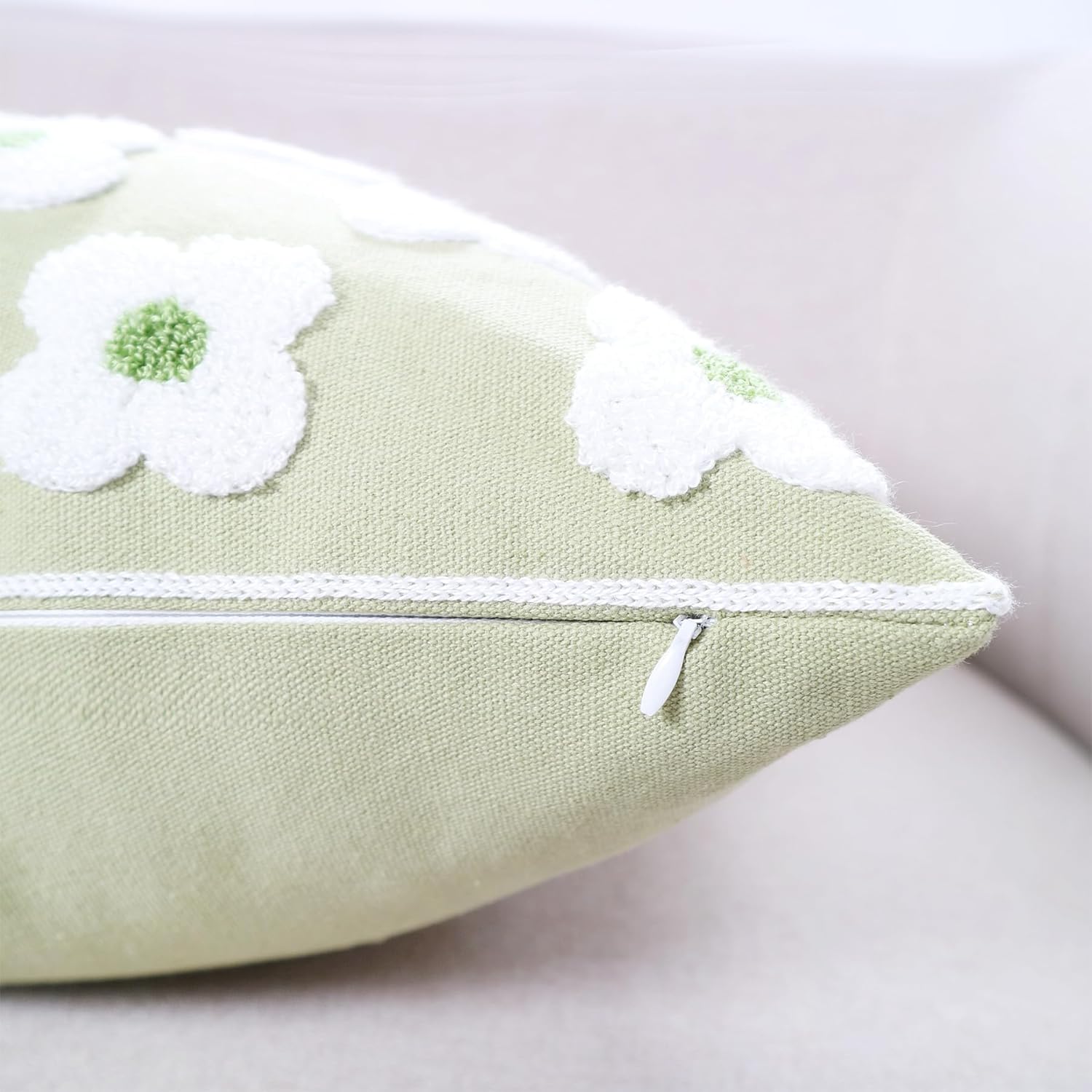 Funda de almohada bordada de 12 x 20 pulgadas, diseño floral verde claro, decoración del hogar, funda de almohada bordada de lona de algodón gruesa