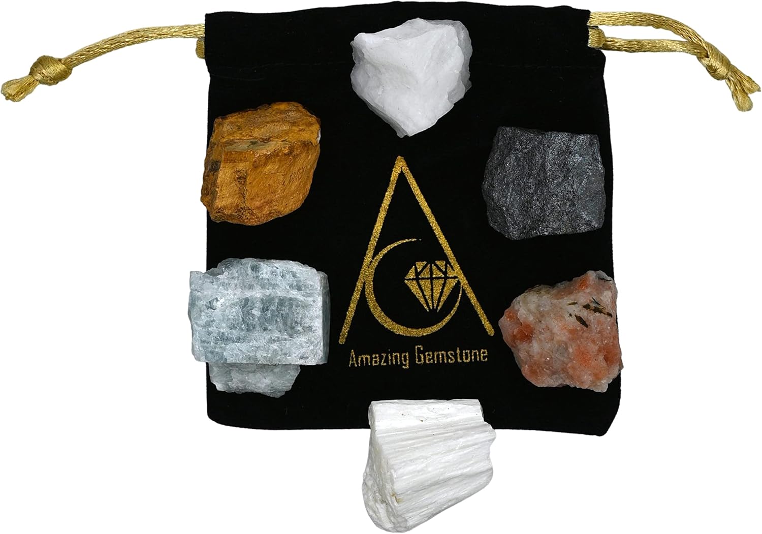 Cristales para niños, juego de 6 cristales curativos de ojo de tigre, aguamarina, cuarzo de nieve, hematita, escolecita y piedra solar
