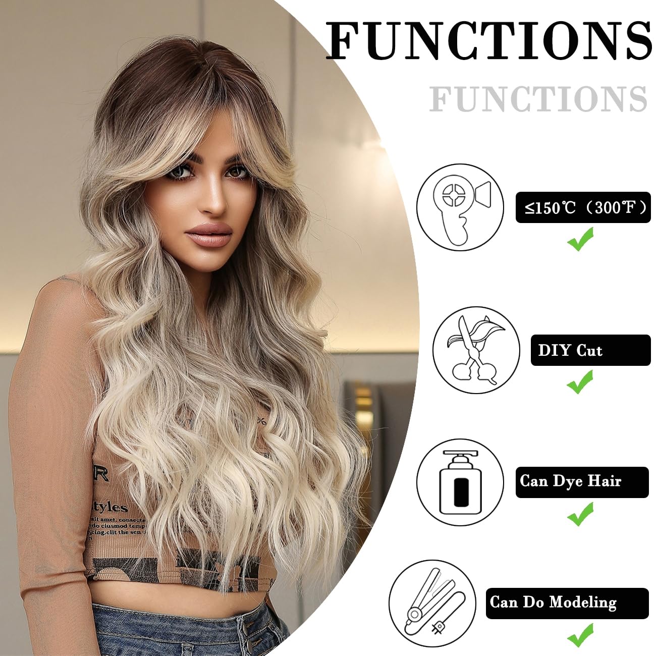 Pelucas largas onduladas de color marrón y rubio ombré para mujer, peluca rizada sintética natural resistente al calor, pelucas de fibra para uso