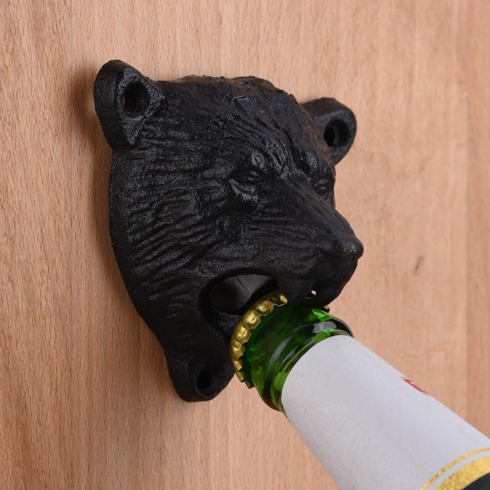 Raguso Abridor de hierro en forma de oso negro abridor de botellas de vidrio de soda de cerveza montado en la pared, herramientas de apertura de