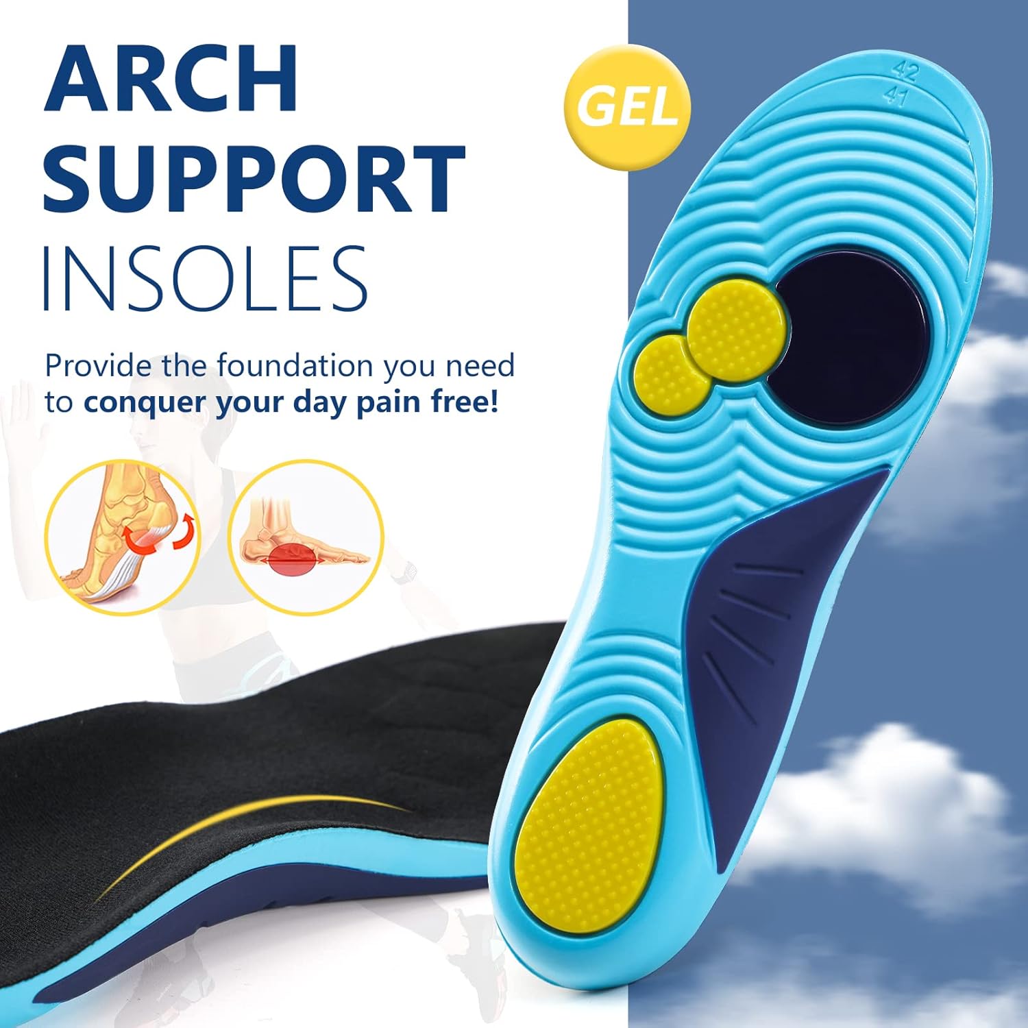 XINIFOOT Plantilla de soporte de arco prémium con almohadilla de gel, plantillas de absorción de golpes, alivio de la fascitis plantar, insertos