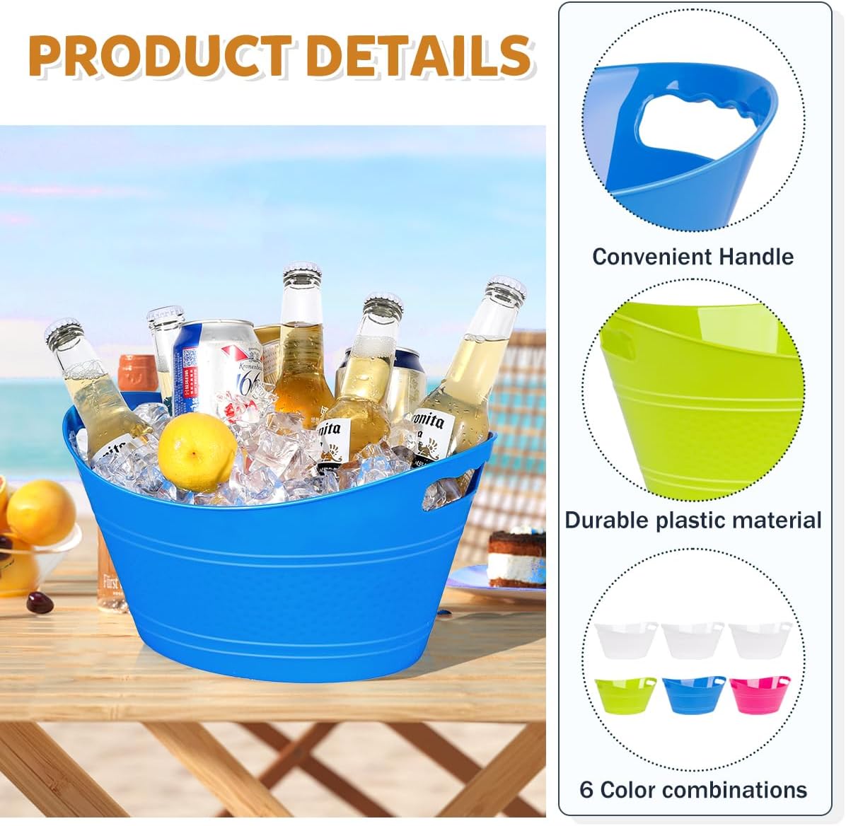6 cubos de hielo de plástico para fiestas, bebida, tina de vino, enfriador de bebidas grande para bar de cócteles, tina de almacenamiento multicolor