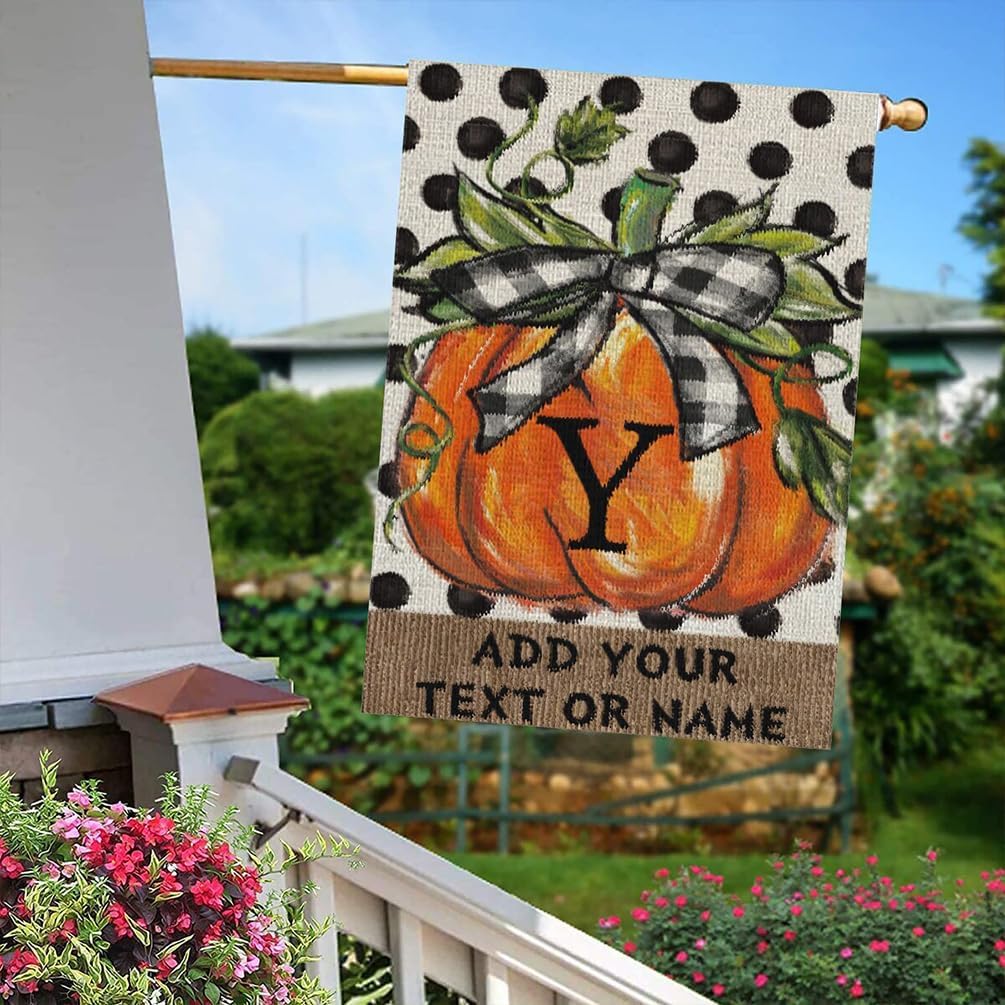 Banderas de jardín personalizadas de calabaza de otoño con texto inicial de 12 x 18 pulgadas, arpillera de doble cara para exteriores, decoración de