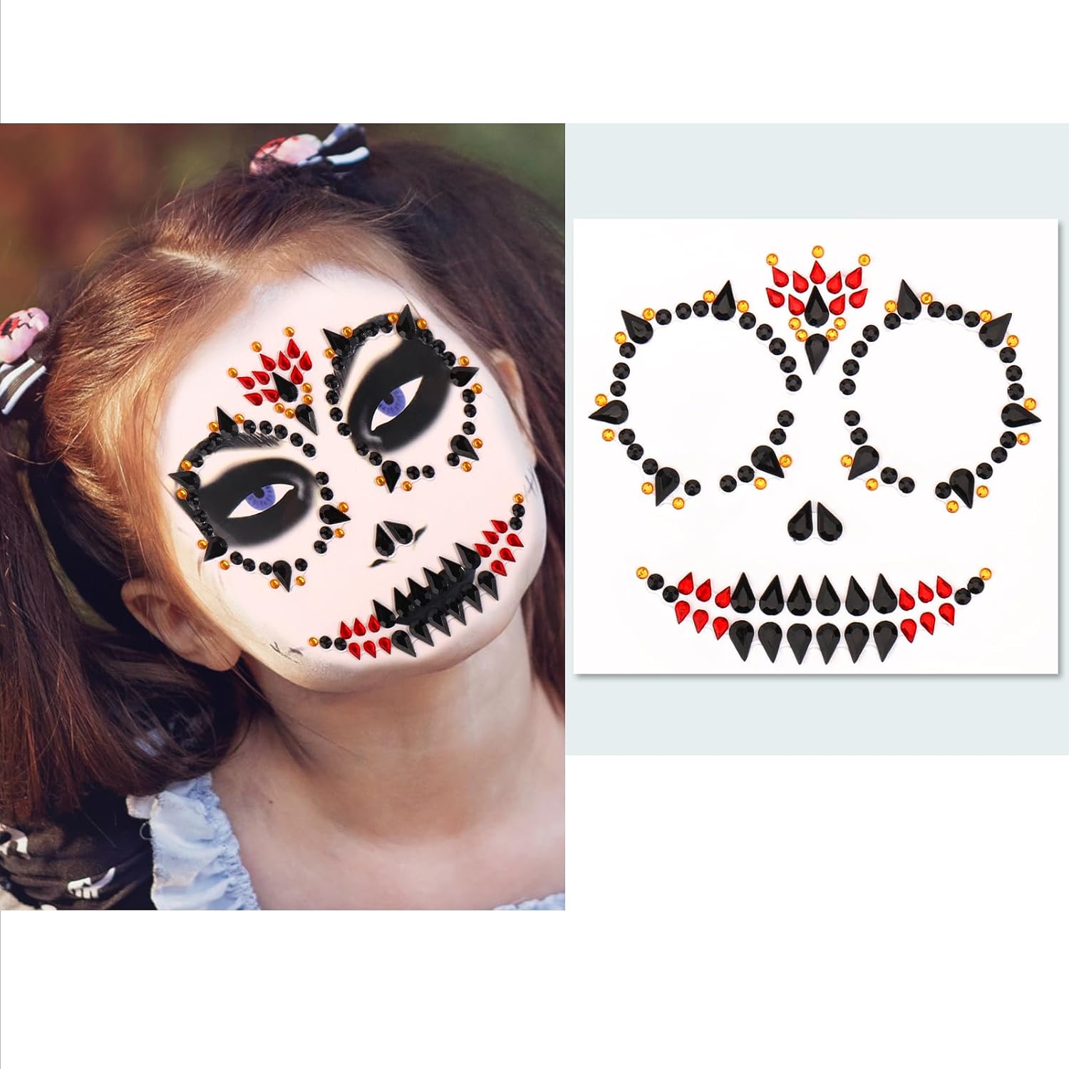 Calcomanías de joyas de Halloween para la cara, decoraciones de gemas de cara de Halloween, tatuajes temporales de calavera del día de los muertos,