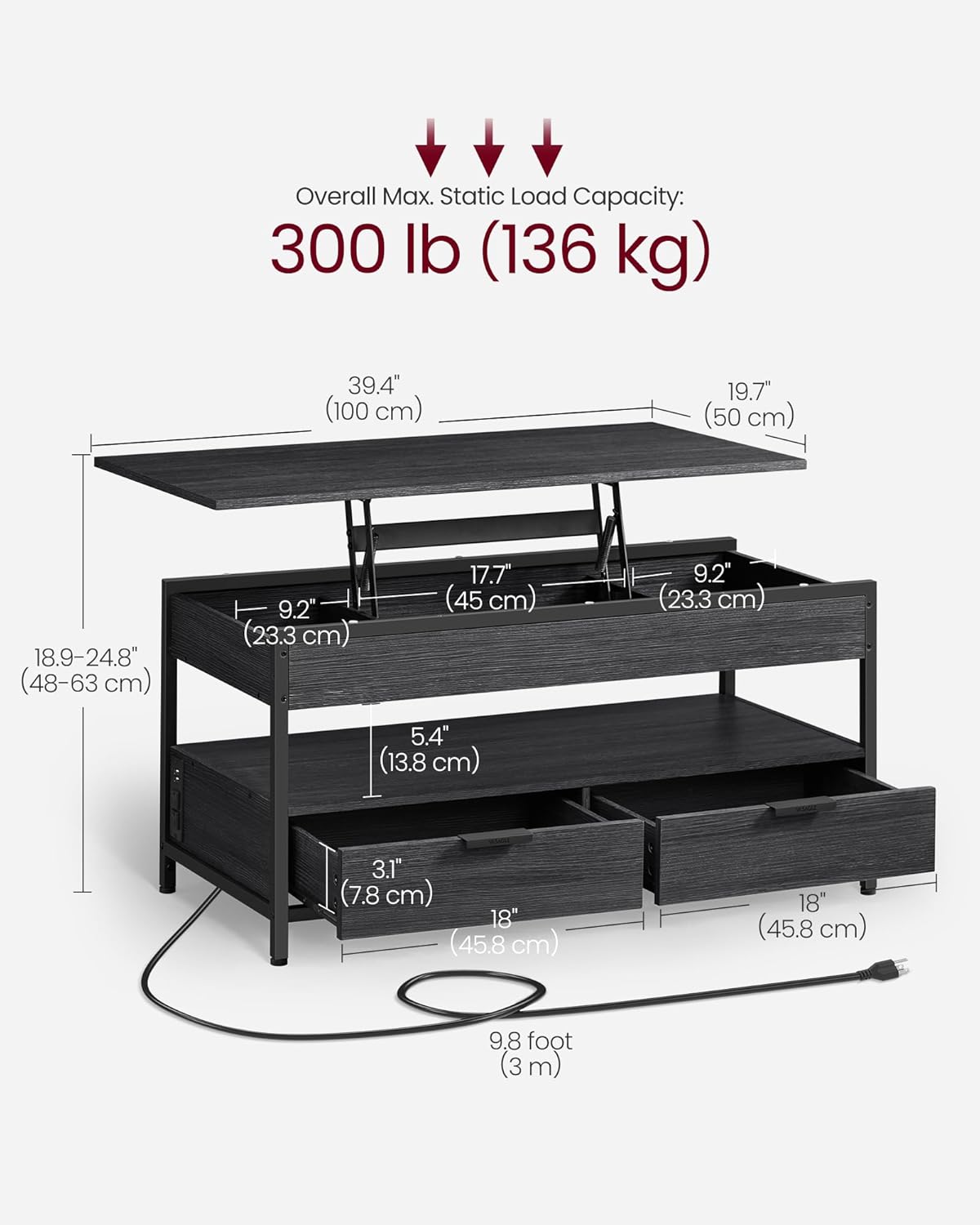 VASAGLE ULCT206B22 – Mesa de centro elevable con cajones de almacenamiento y estación de carga, mesa auxiliar para sala de estar con parte superior