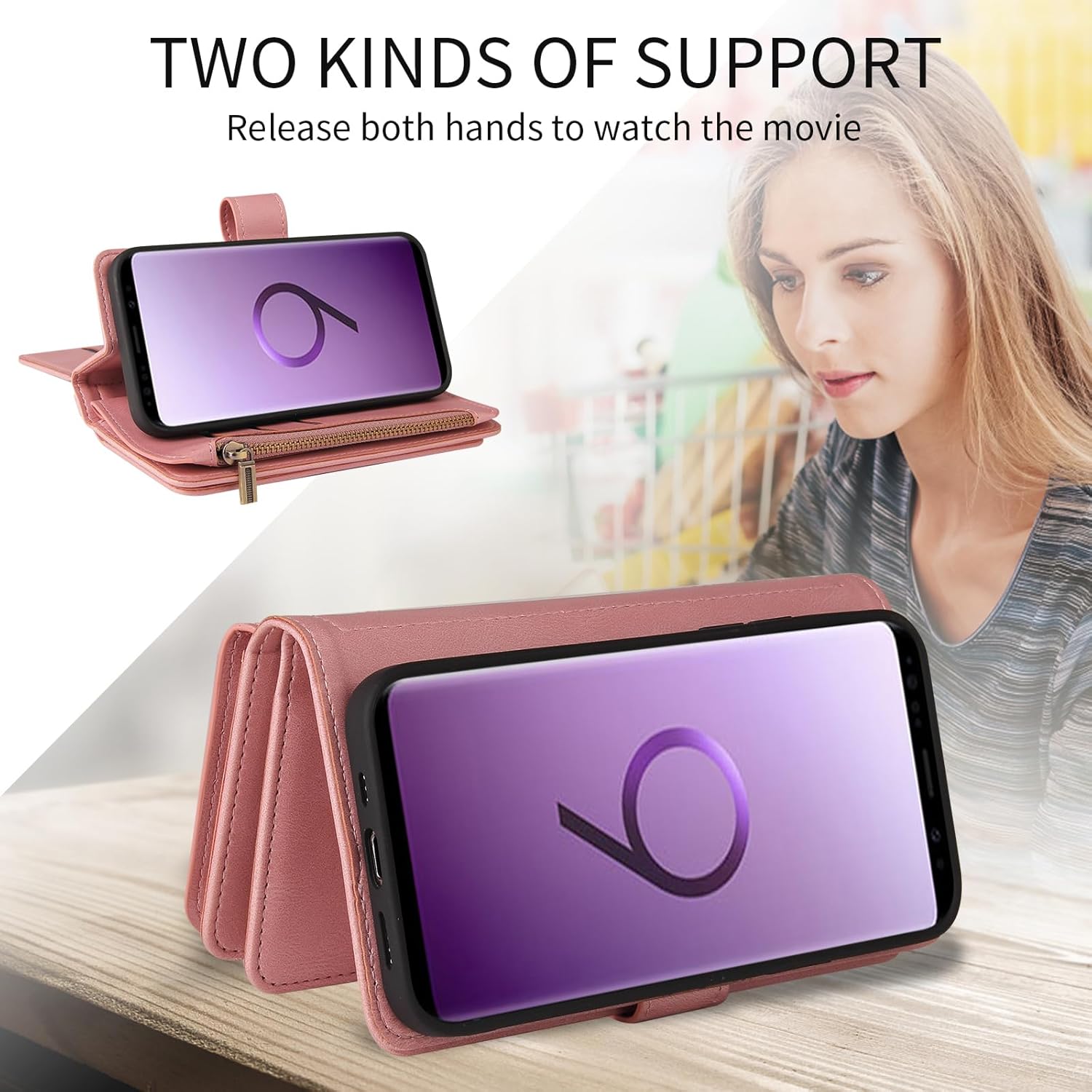 Asuwish Funda de teléfono para Samsung Galaxy S9 con protector de pantalla de vidrio templado y correa para la muñeca de cuero con tapa para tarjeta