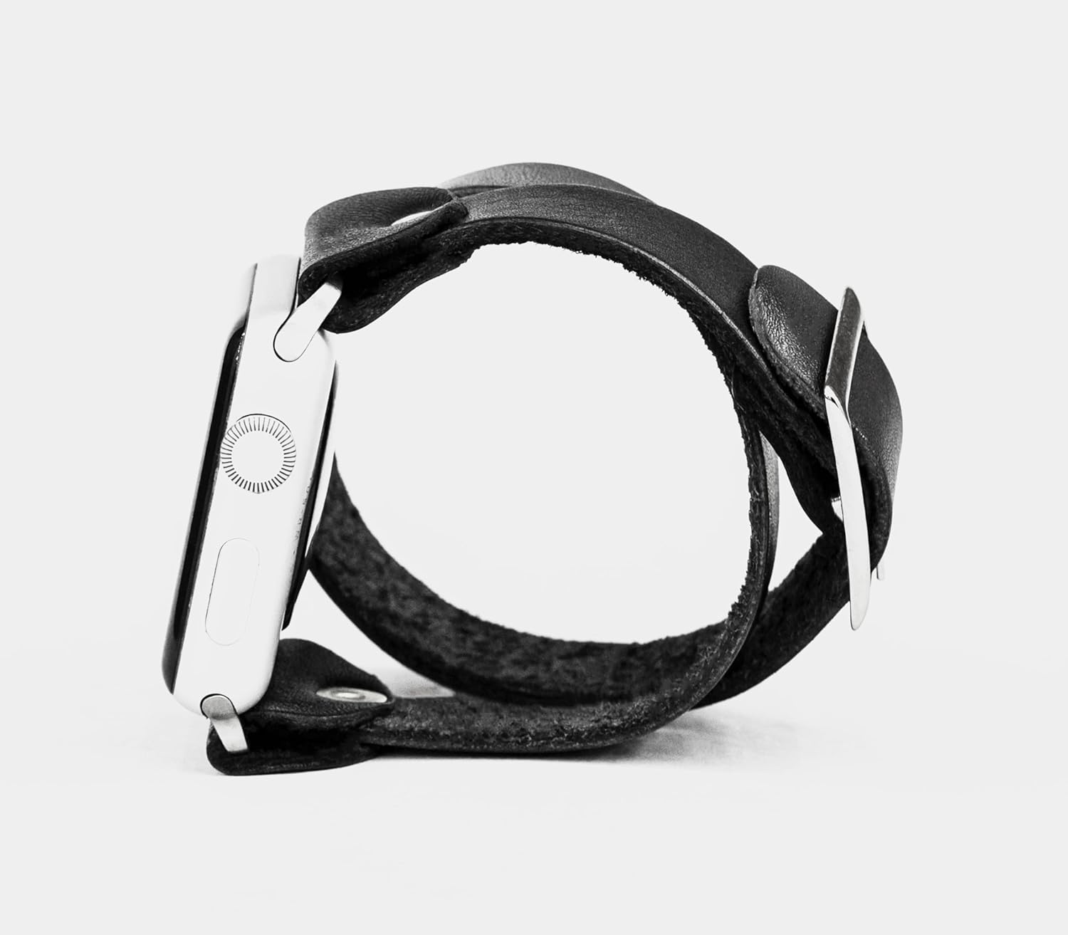Leather double wrap band strap compatible with Apple watch 38mm 40mm 41mm 42mm 44mm 45mm 49mm, Handmade UA 1810 (black + steel + 6.3-7.3 in + 384041
