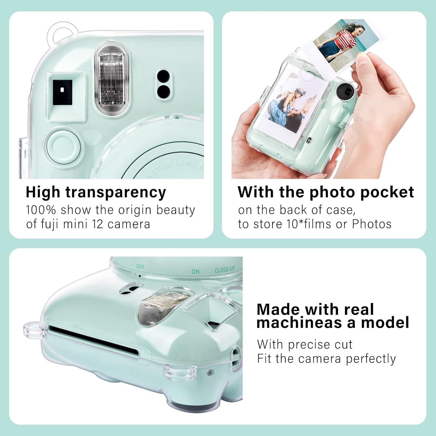 MUZIRI KINOKOO Funda transparente para cámara instantánea Fuji Instax Mini 12Polaroid Mini 12, funda protectora de PVC duro con bolsillo para fotos