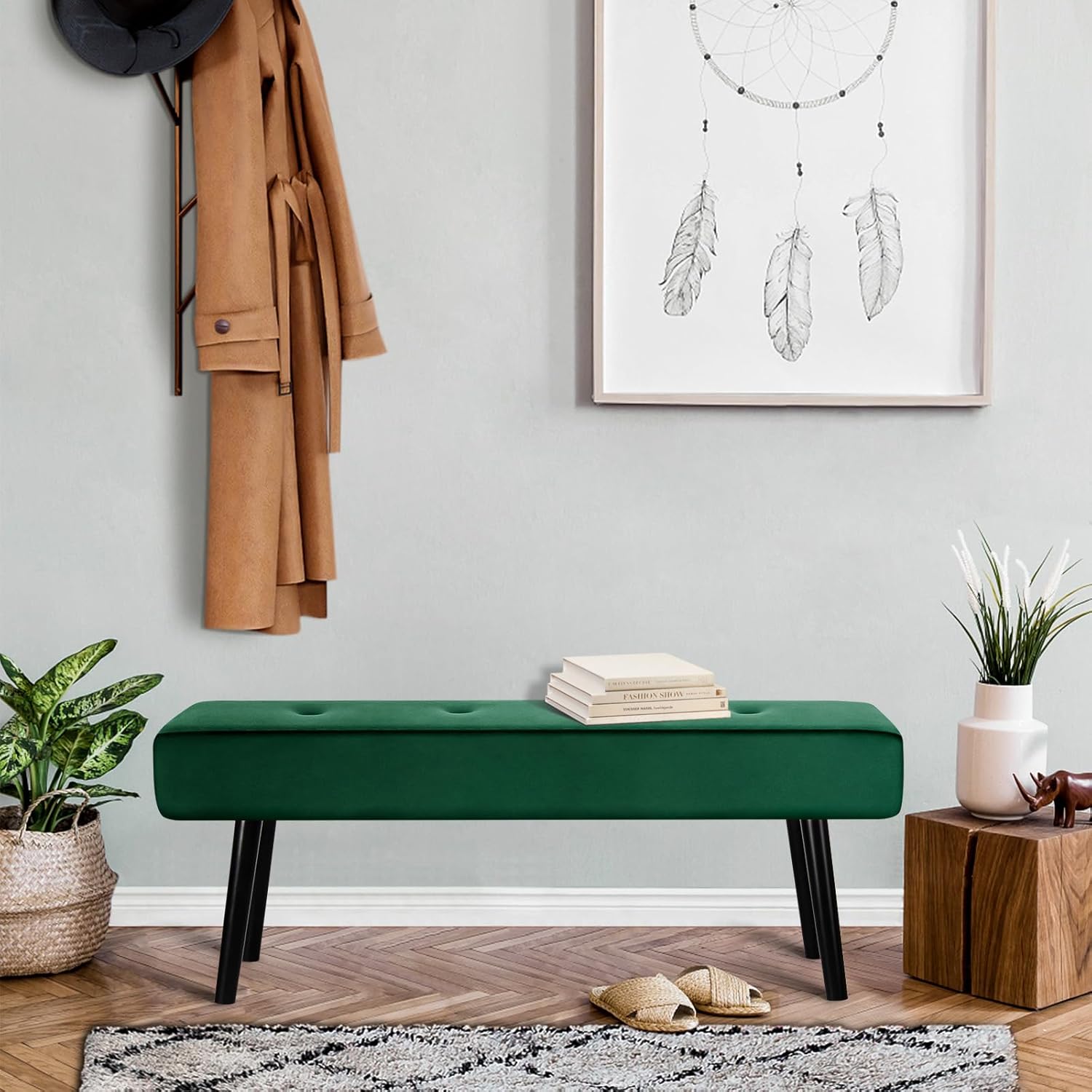 Banco de entrada  Banco verde para dormitorio, moderno extremo otomano de cama, bancos acolchados de terciopelo para sala de estar, vestíbulo,