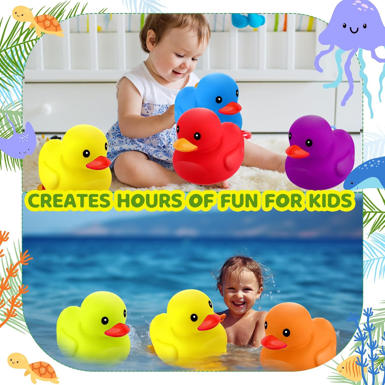 Juego de 6 patos de goma de 7.1 pulgadas, juego de patos de goma grandes y coloridos para fiestas, patos flotantes y chirriantes, juguetes de tina