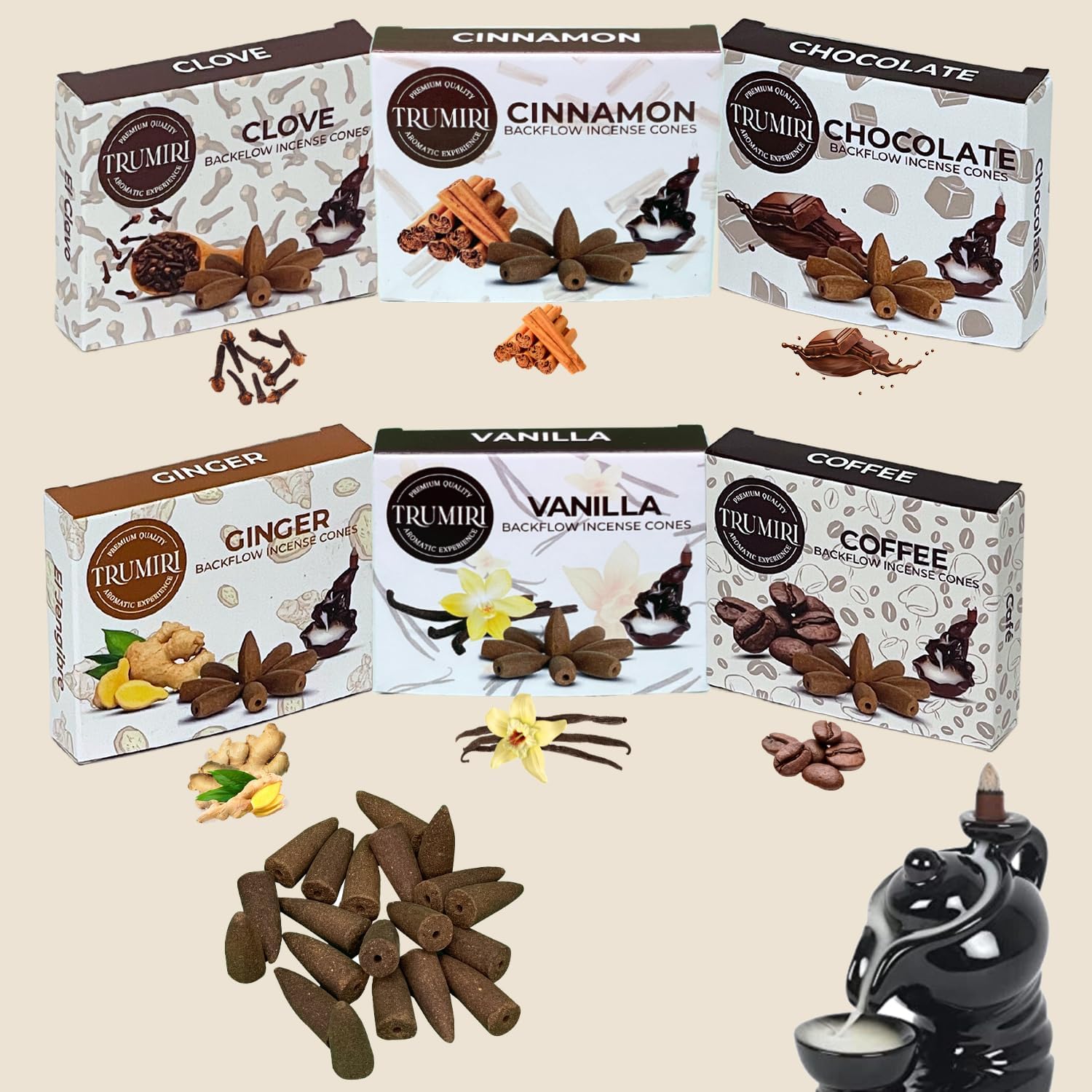 Trumiri Conos de incienso gourmet de reflujo  Paquete variado  Total 60 conos de incienso cascada (6 aromas x 10 conos)  Vainilla, canela, café,