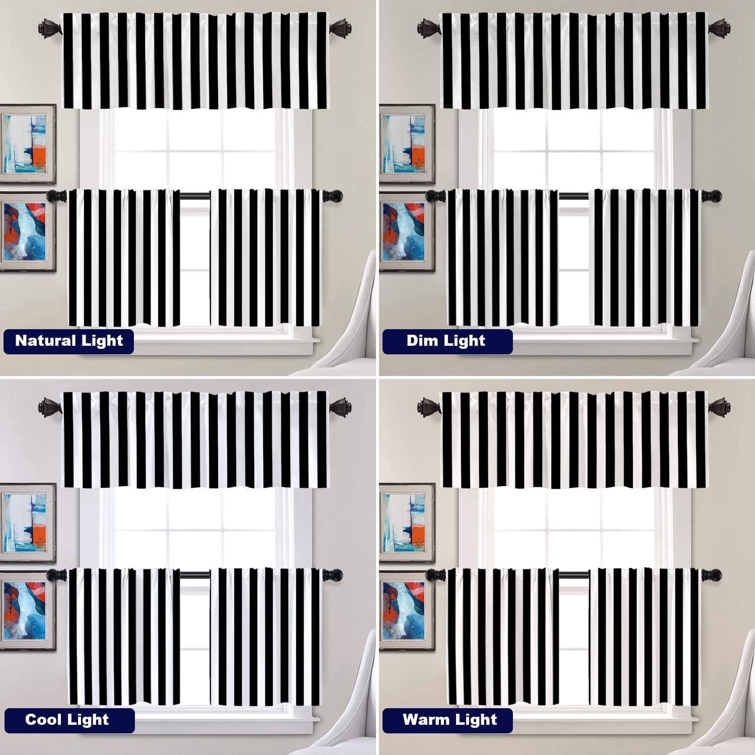 Batmerry Cortinas negras modernas y sencillas a rayas, con diseño geométrico de cebra en negro y blanco, cortina de cocina corta de poliéster para