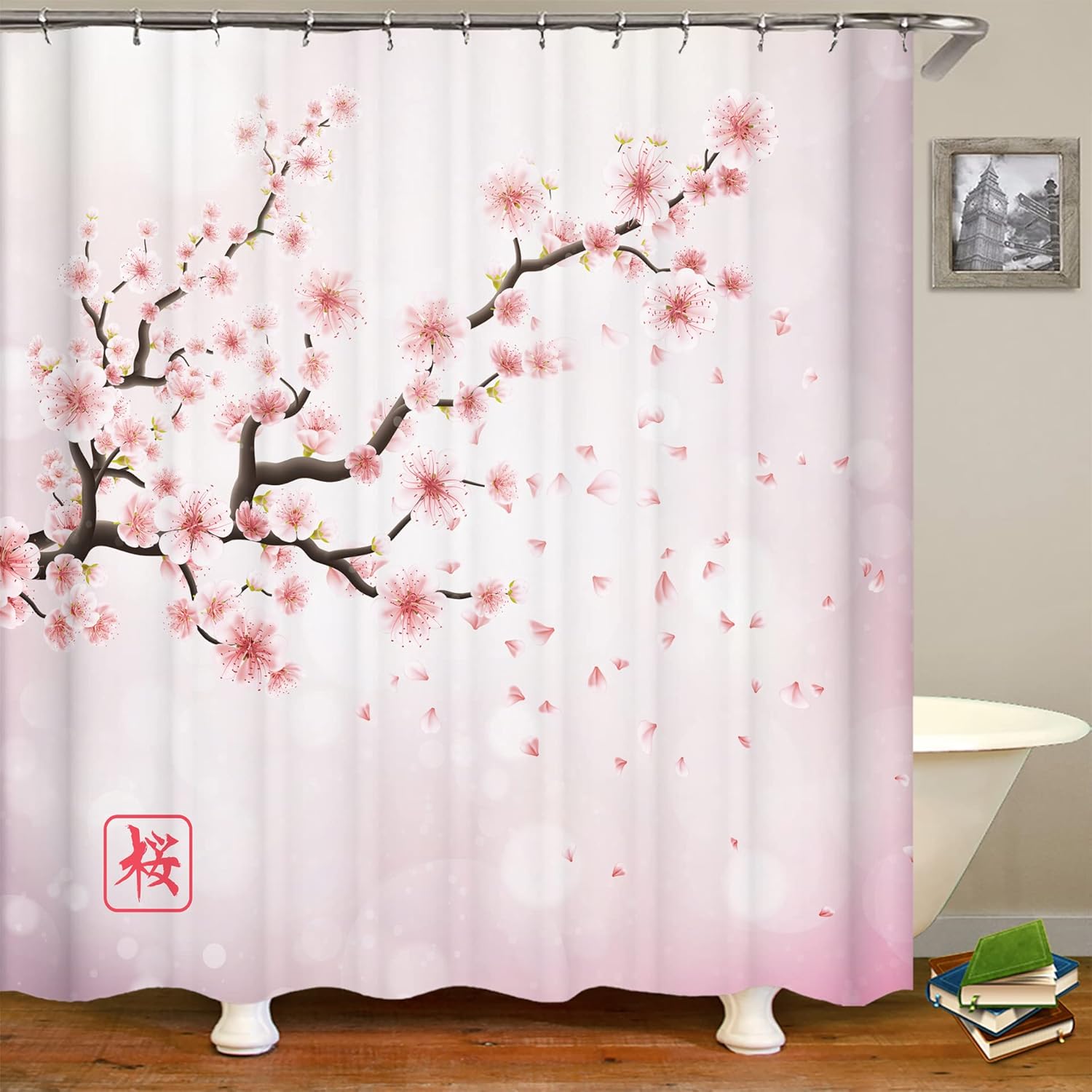 Cortina de ducha con diseño de flor de cerezo rosa, juego de cortina de ducha japonesa Sakura floral, cortinas de ducha para baño, tela impermeable