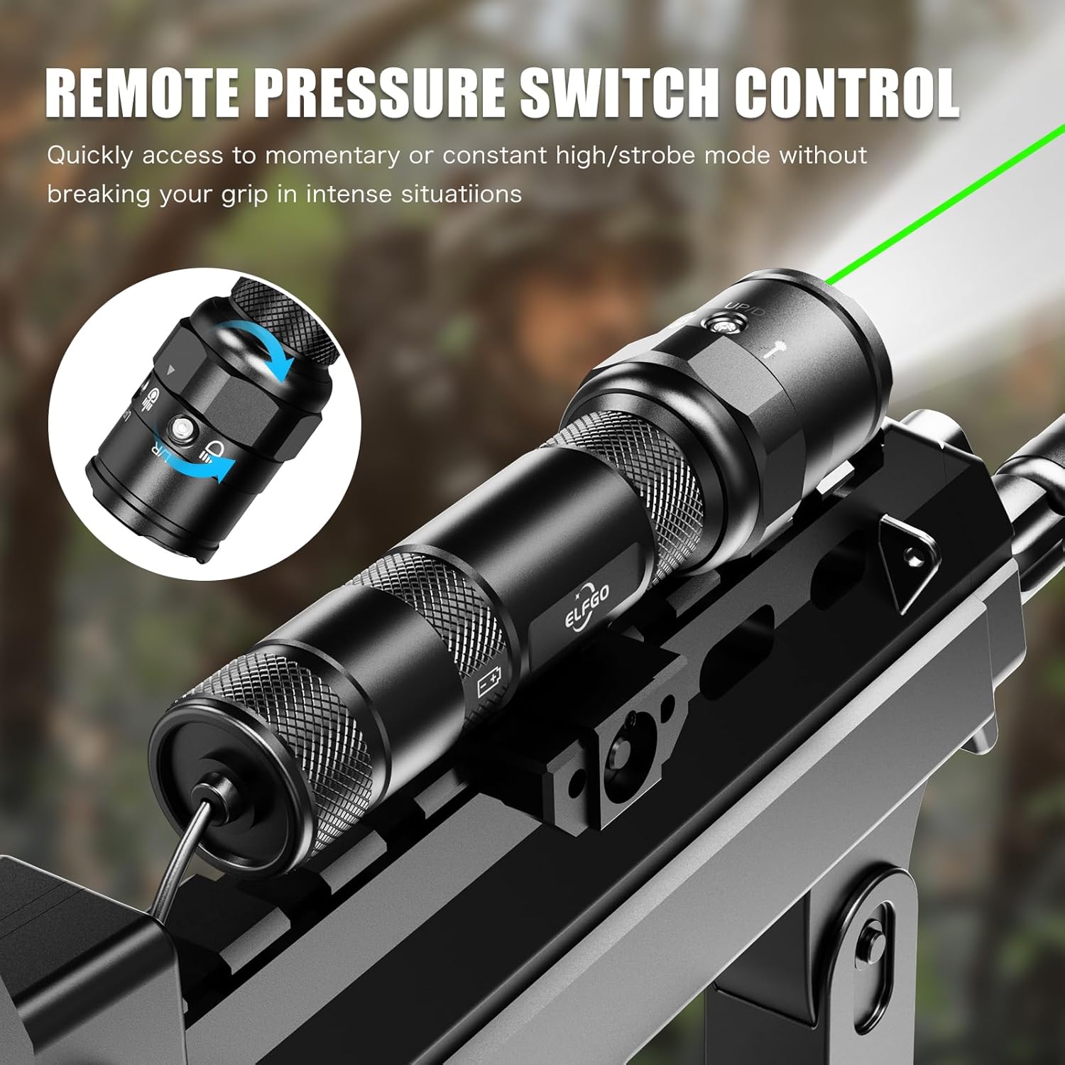 Linterna táctica láser verde combo recargable, 1250 lúmenes Picatinny montaje arma luz láser con interruptor de presión remoto, montaje en riel