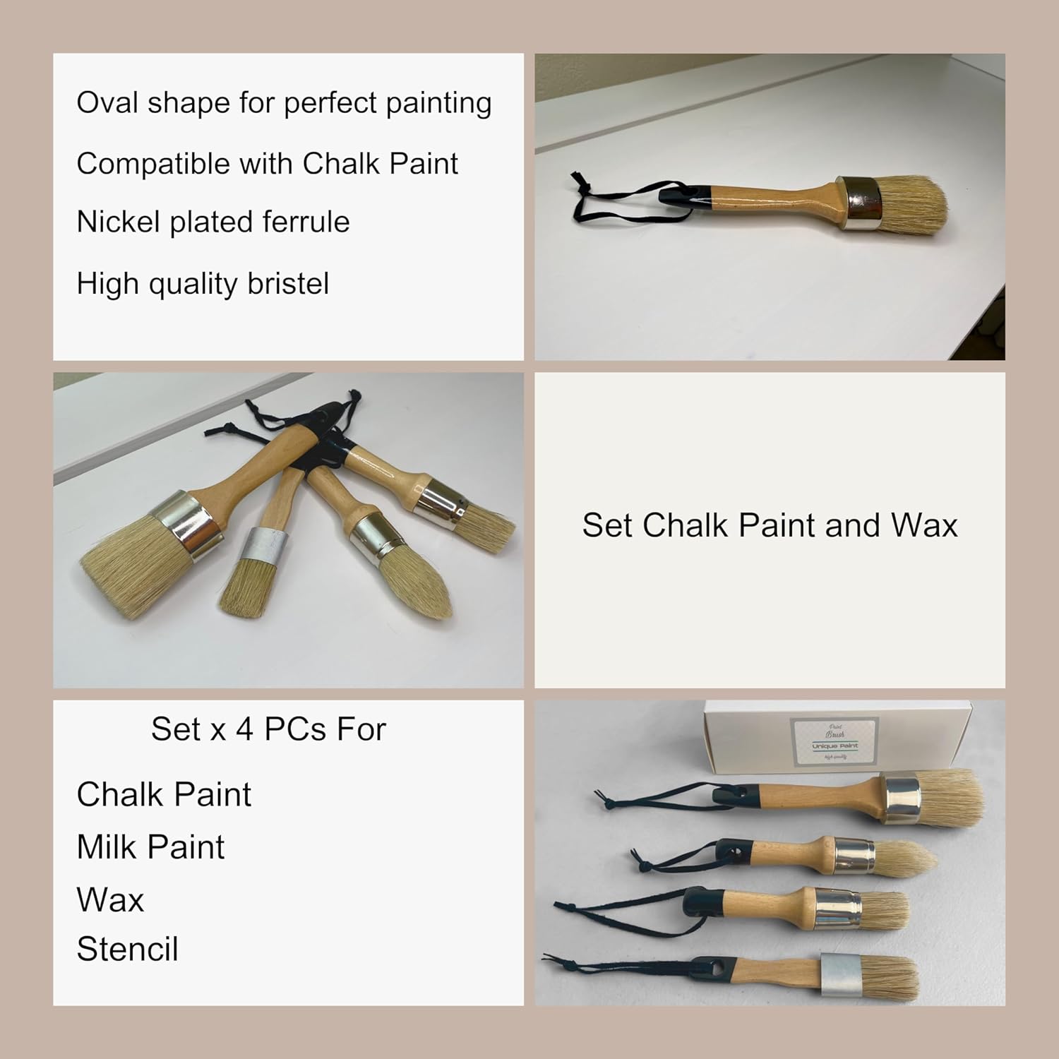 4 pinceles de pintura de cera de tiza, 1 pincel grande de tiza para pintura de muebles, 3 pinceles de pintura pequeños, juego de pinceles de pintura