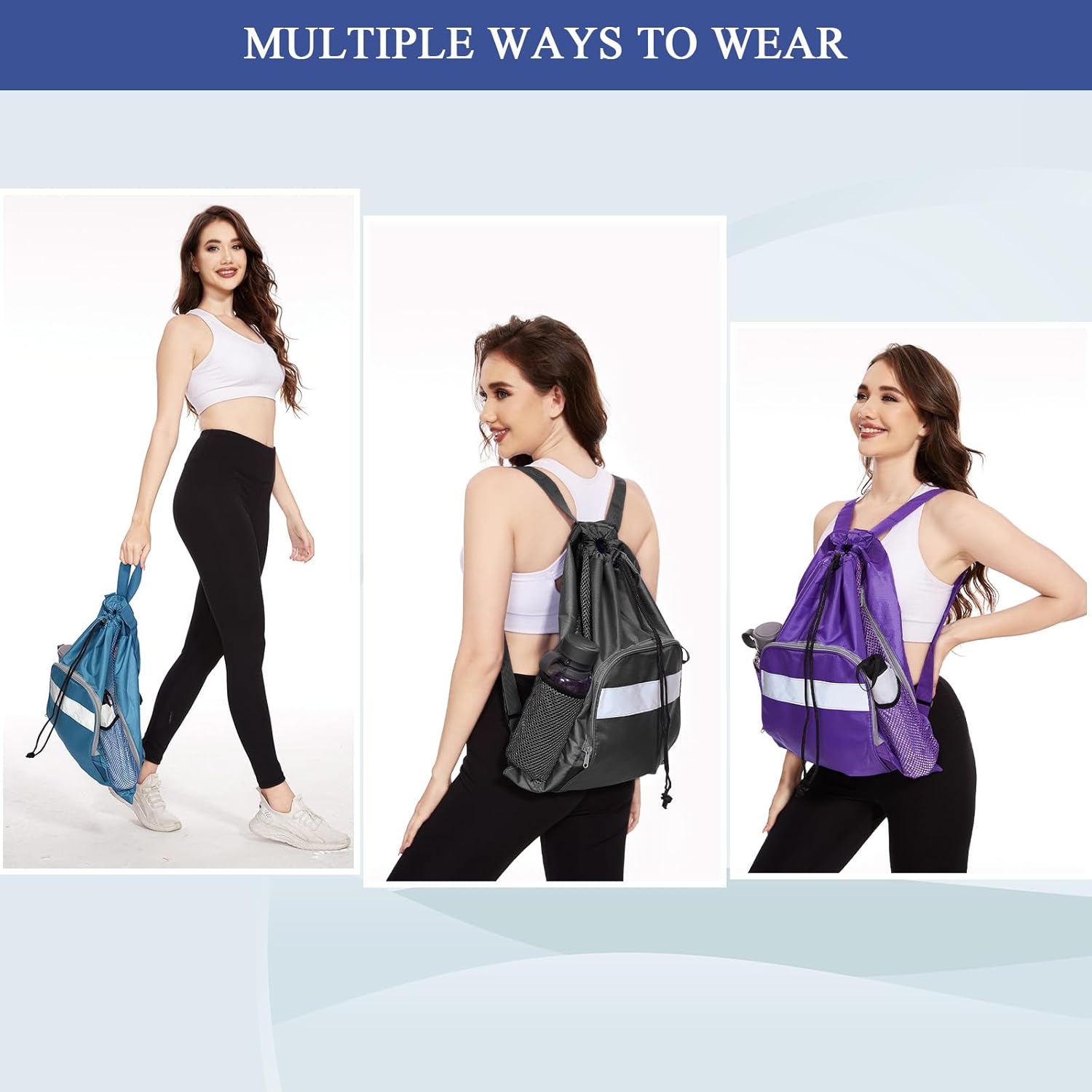 BeeGreen Mochila de gimnasio con cordón y bolsillo con cremallera, bolsa de natación para hombres y mujeres, bolsa de natación con cordón, bolsa