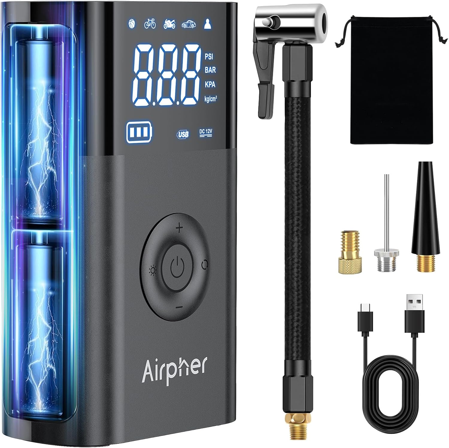 Inflador de neumáticos, compresor de aire portátil, bomba de inflado Airpher para neumáticos de automóvil con medidor digital de presión de