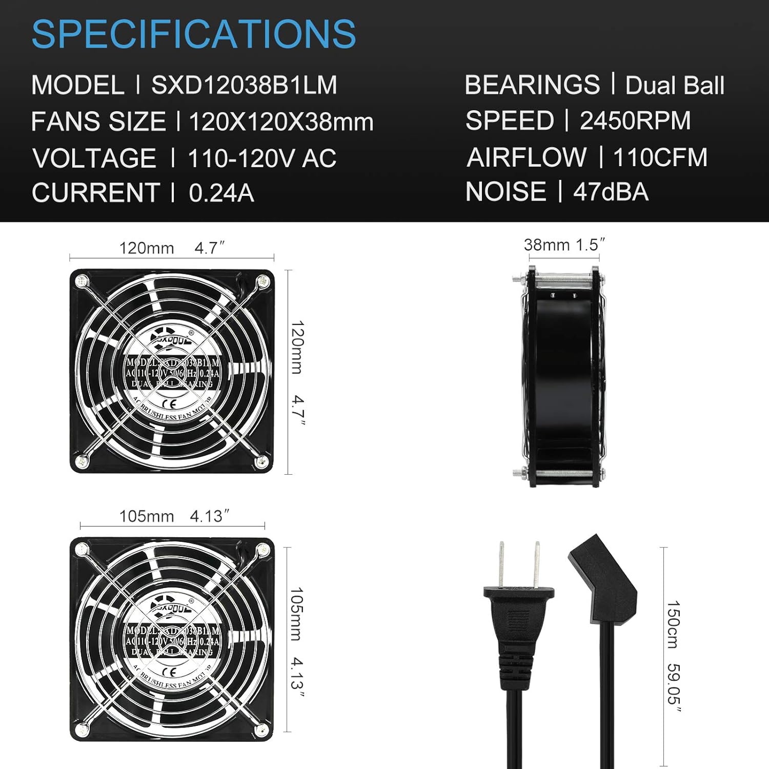 Ventilador de refrigeración axial de 4.7 in, CA 115 V 120 V 4.724 in x 1.496 in de alta velocidad CFM con cable de alimentación de interruptor, para