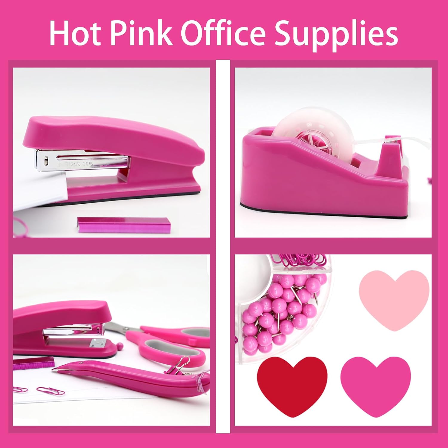 UPIHO – Suministros de oficina rosa intenso, accesorios de escritorio rosa intenso, juego de grapadora y dispensador de cinta para mujeres con