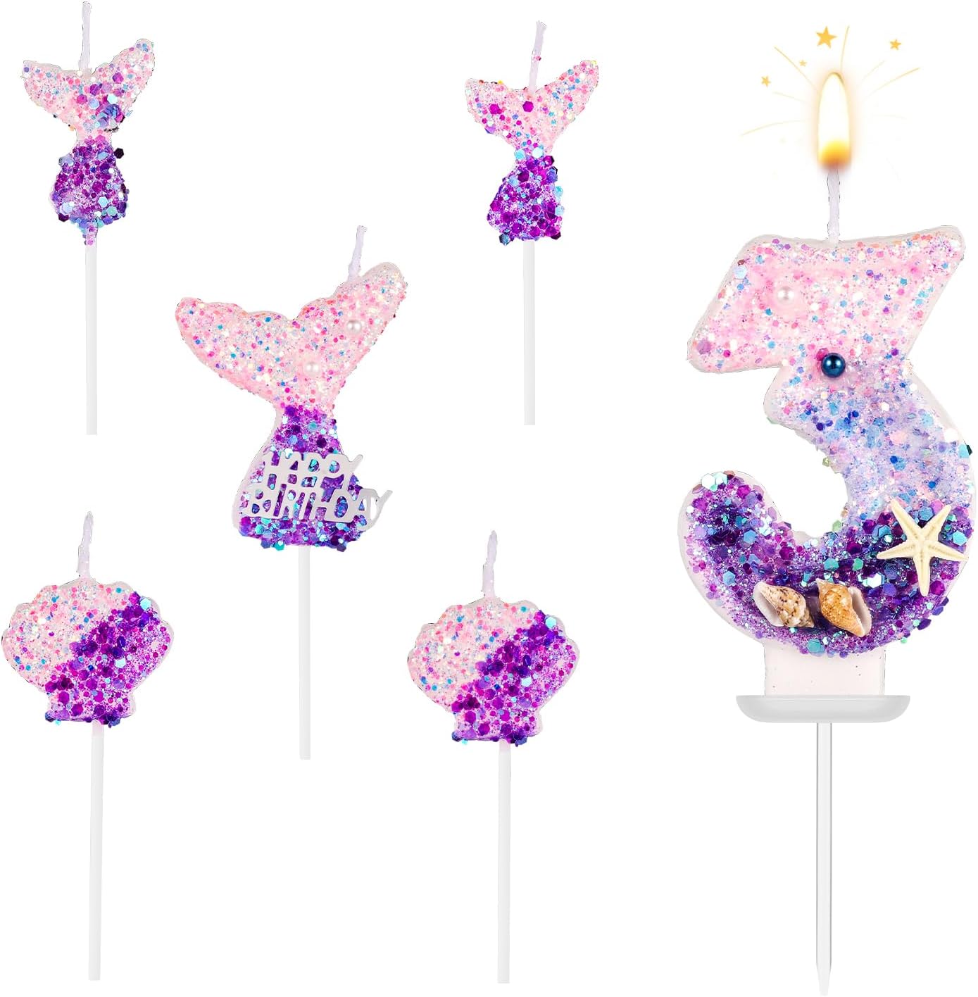 Velas de número de sirena, 6 piezas de decoración de pastel de sirena, velas numéricas de lentejuelas, color rosa y morado, centros de mesa para