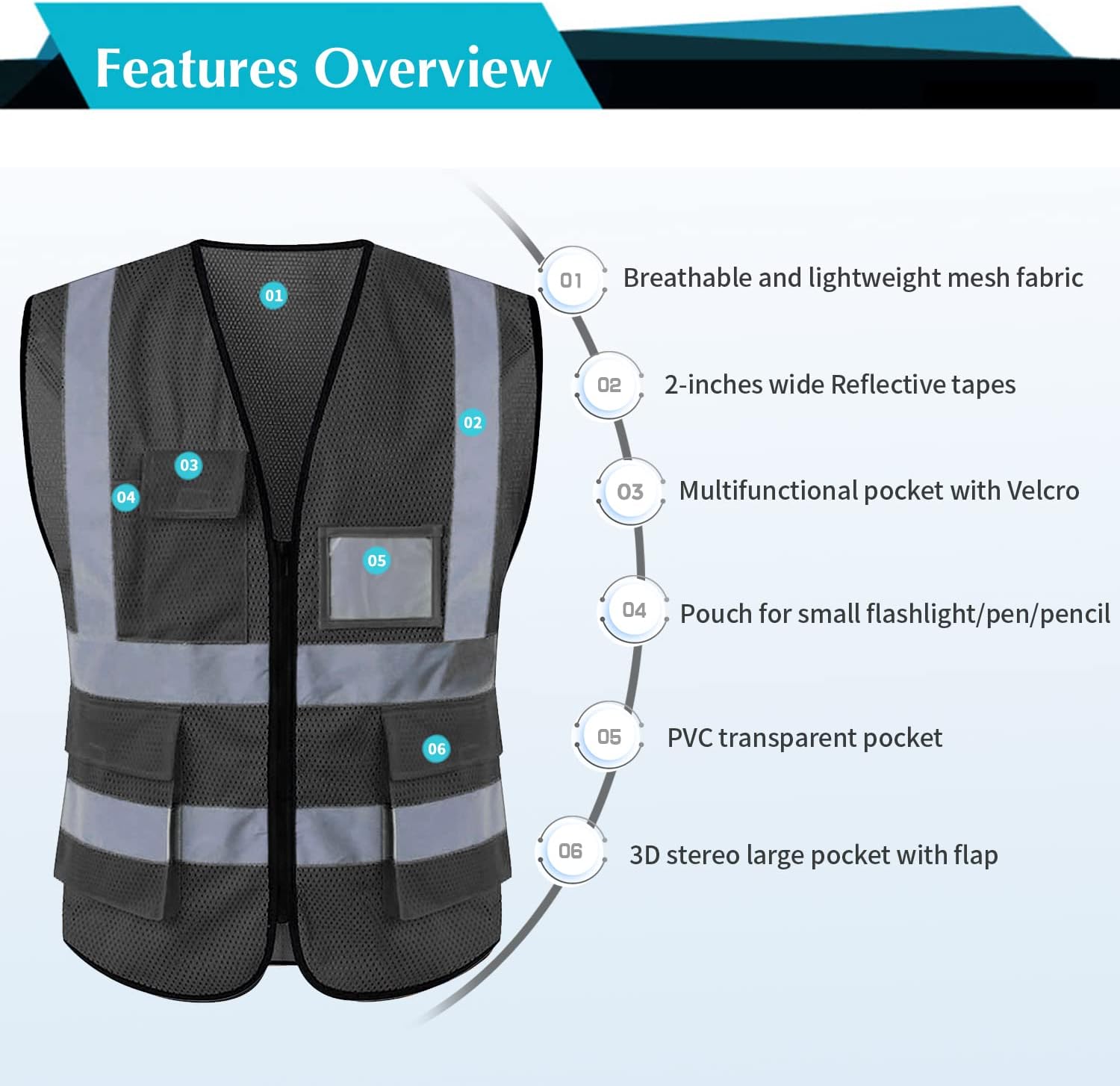 Chaleco de seguridad con bolsillos y cremallera para mujeres y hombres, chaleco reflectante de alta visibilidad, para trabajo de construcción,